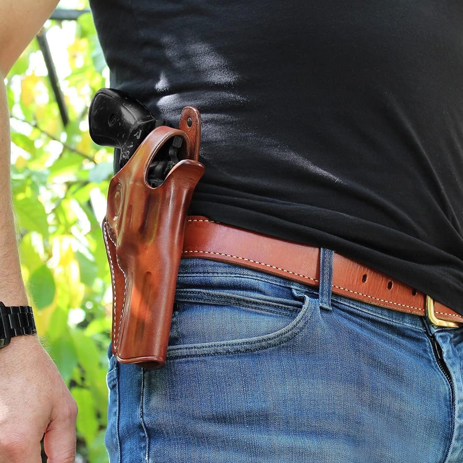 Masc Premium Leather Paddle Holster OWB with Thumb Break Fits Model 500 X-Frame 4-inch, Right Hand Draw, Brown Color #1433#