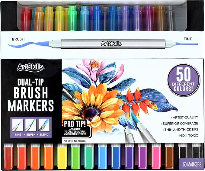 ArtSkills Dual Tip Fine & Brush Tip Markers for Adult Coloring, Brush Markers 50