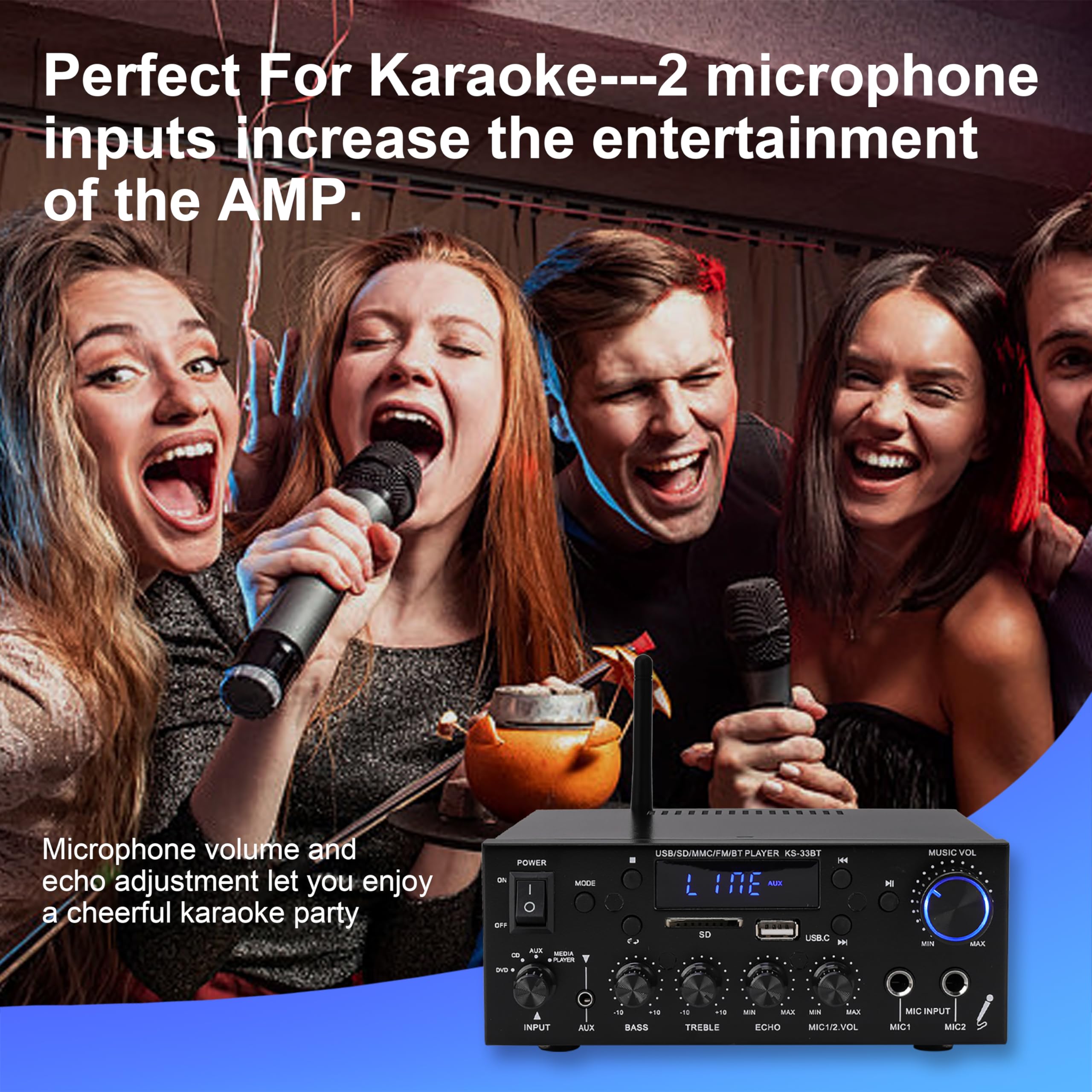 Mini Bluetooth Amplificador Audio, 500W+500W HiFi de 2.0 Canales Audio Stereo Music Reproductor, SD Card/USB Input/FM Radio, para PC, TV, Amplificador Coche, casa Altavoz, subwoofer BT 12v 220V