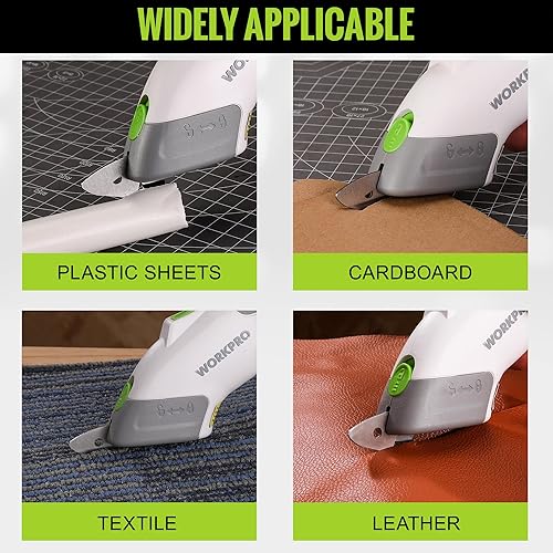 Miniatura 8 de WORKPRO Tijeras eléctricas inalámbricas con 2 cuchillas, tijeras potentes recargables de 4 V para tela, cuero, alfombra y cartón, tijeras eléctricas