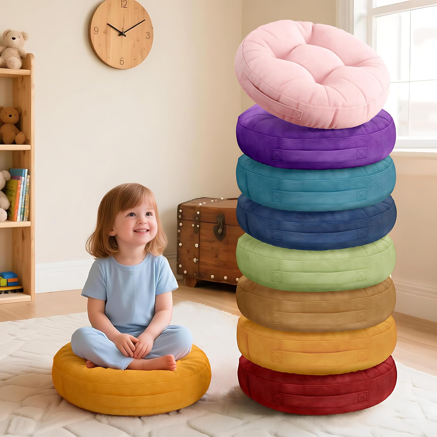 Degrees of Comfort 8Pcs Round Floor Cushions for Kids, Waterproof Flexible Seating for Classroom Elementary, Safe Smolder Resistance Sitting Pillows with Handles, 15-inch, Lovely