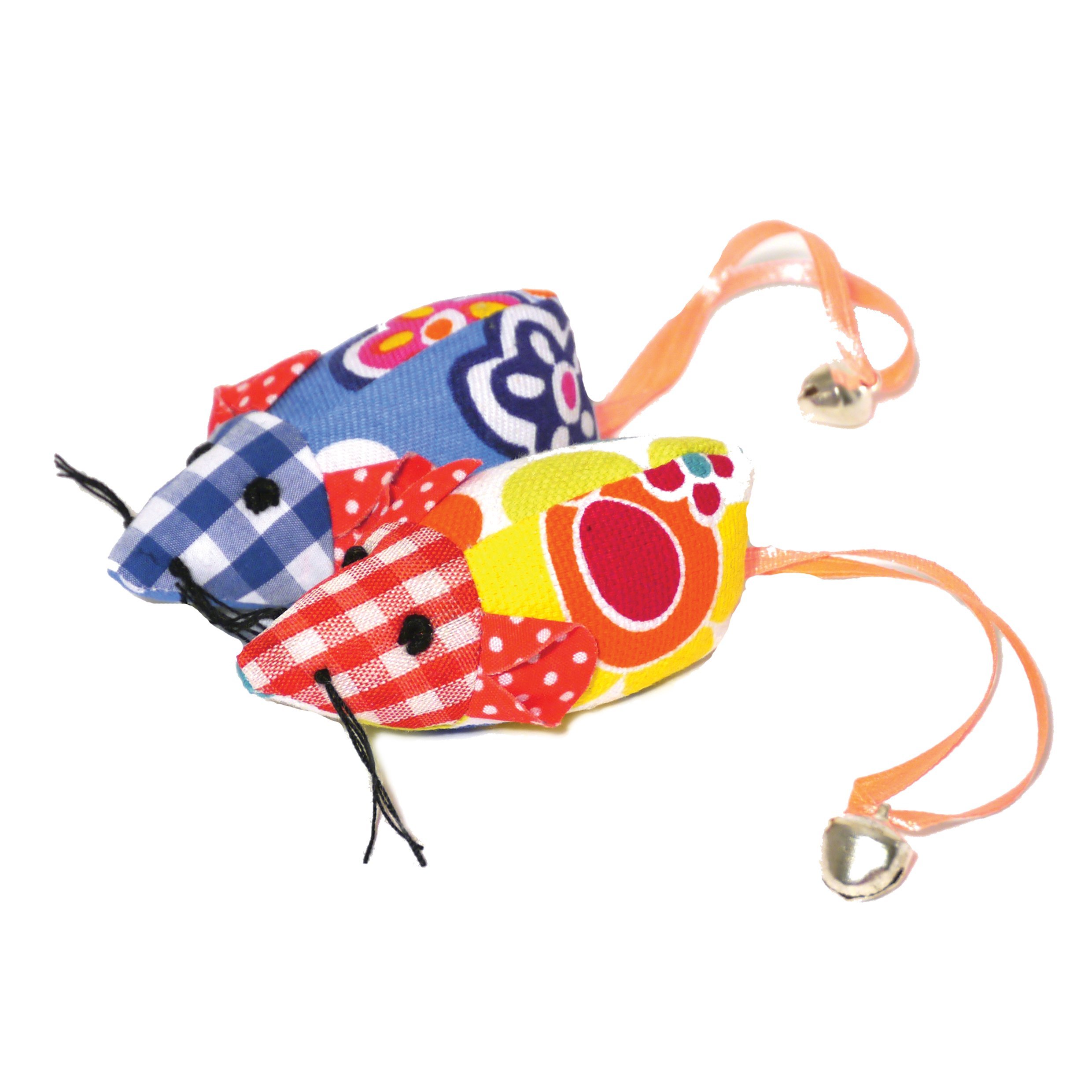 Rosewood Jolly Moggy Patchwork Mice Duo Cat Toy - Set of 2 Catnip-Infused Plush Mice With Jingle Bell Tails for Fun and Engaging Playtime
