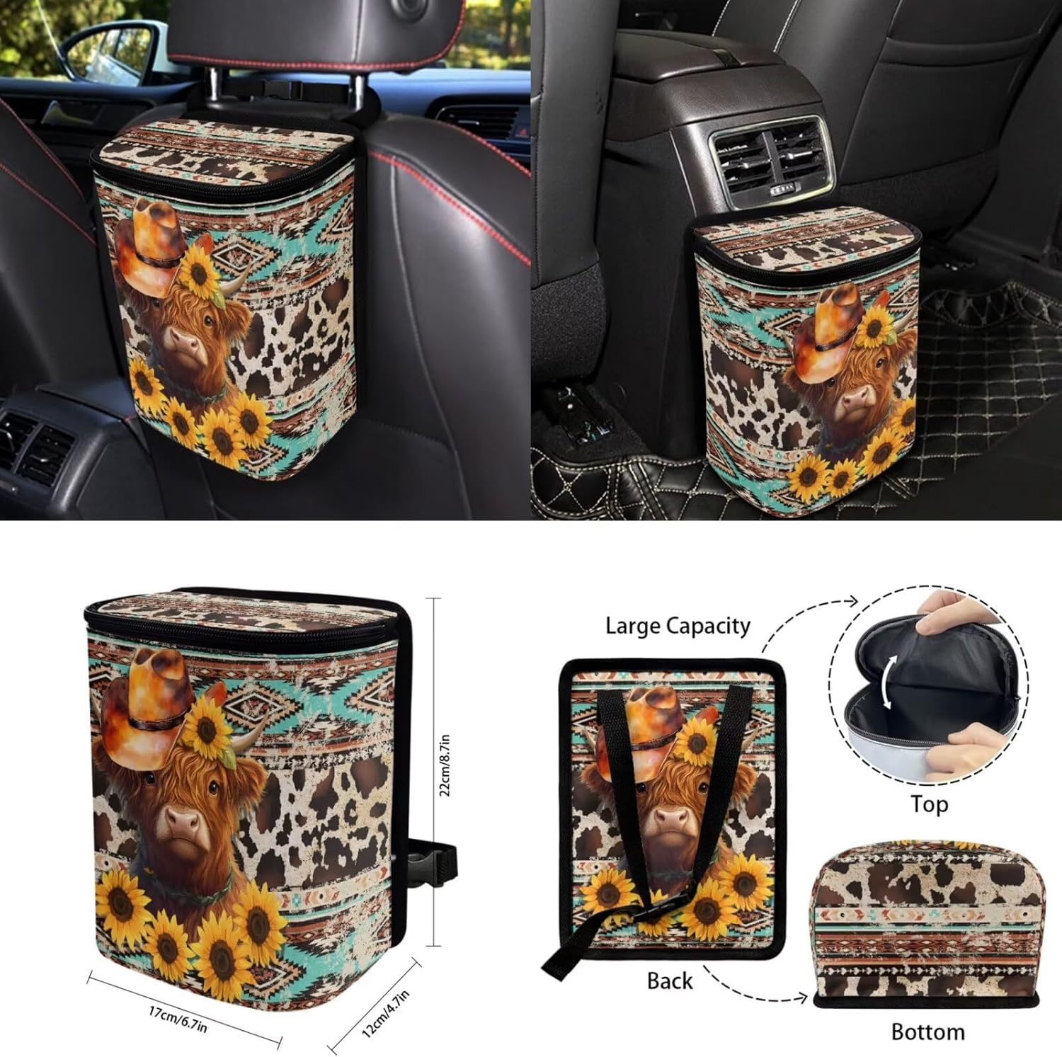 Highland Bull Sunflower Car Seat Covers Set of 15 with Universal Steering Wheel Cover, Rearview Mirror Cover, Car Trash Can, Seatbelt Pads, Cup Holder Coasters, Keychains