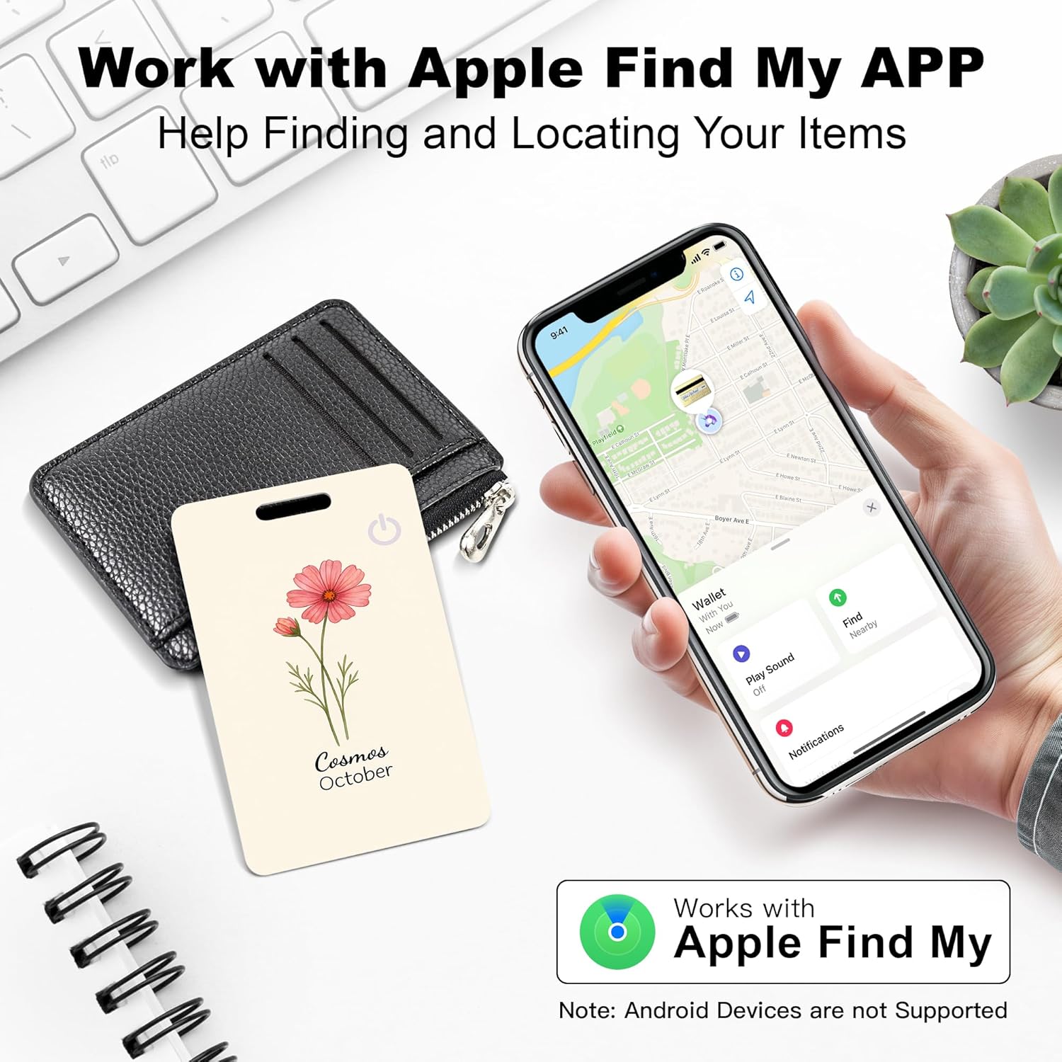 Wallet Tracker Card – Slim Bluetooth Tracker, IP68 Waterproof, Rechargeable Wireless Locator for Wallets, Luggage & Passports Compatible with Find My on iPhone (October Flowers)
