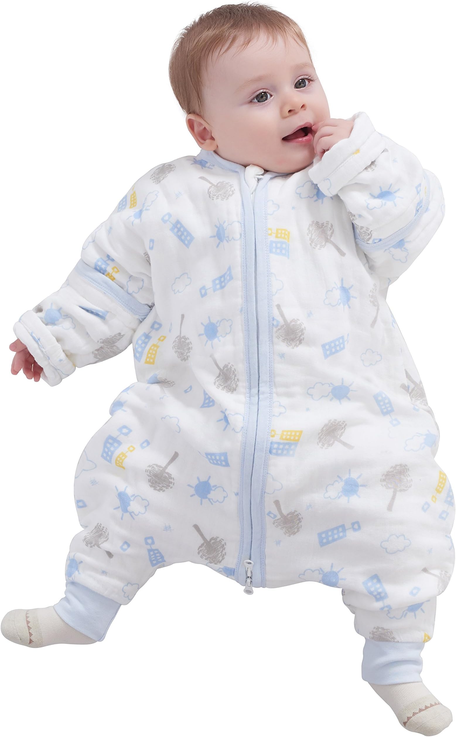 Muslin Sleeping Bag Baby Sleeping Bag with Feet Detachable Sleeve Wearable Blanket Medium Blue
