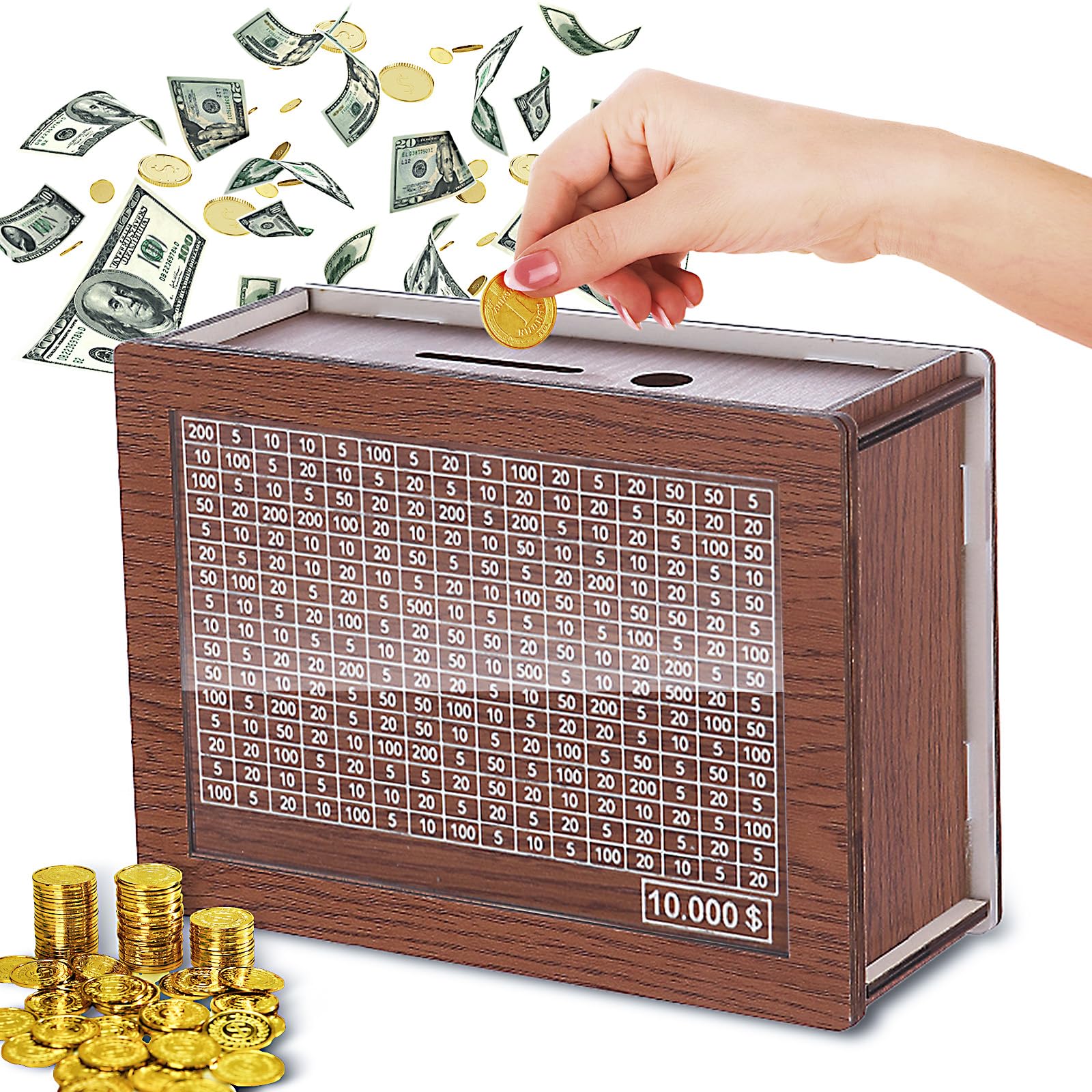 Savings Challenge Box 10k Cash Vault Wooden Money Saving Box with Counter Reusable Piggy Bank for Adults Wooden Coin Bank Money Box with Target and Numbers
