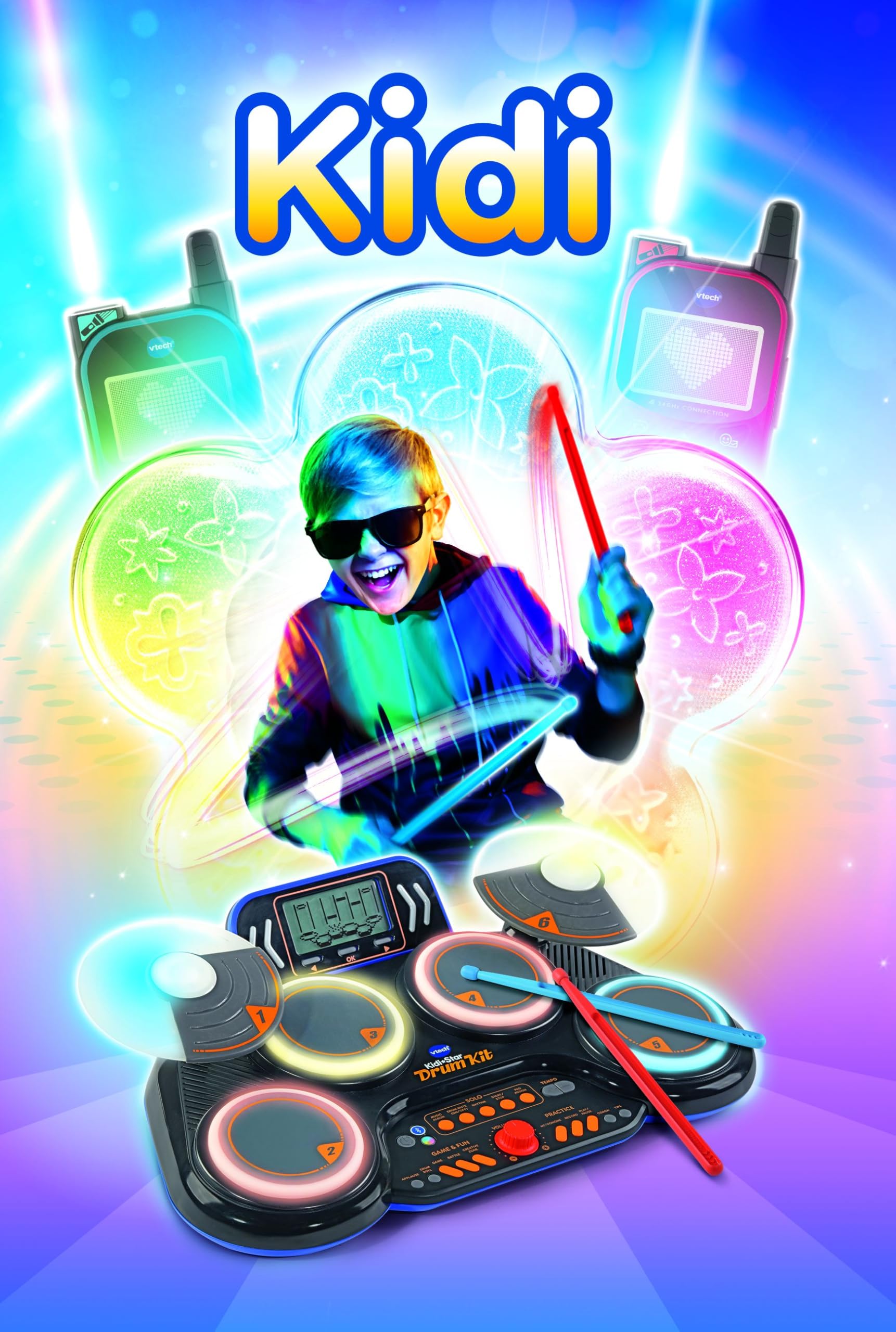VTech Kidi DJ Drums, elektroniczny akumulator dla dzieci z podkładkami świecącymi, grami muzycznymi, trybem Bluetooth i wbudowanym mikrofonem, pałeczkami w zestawie, język włoski, baterie w zestawie,