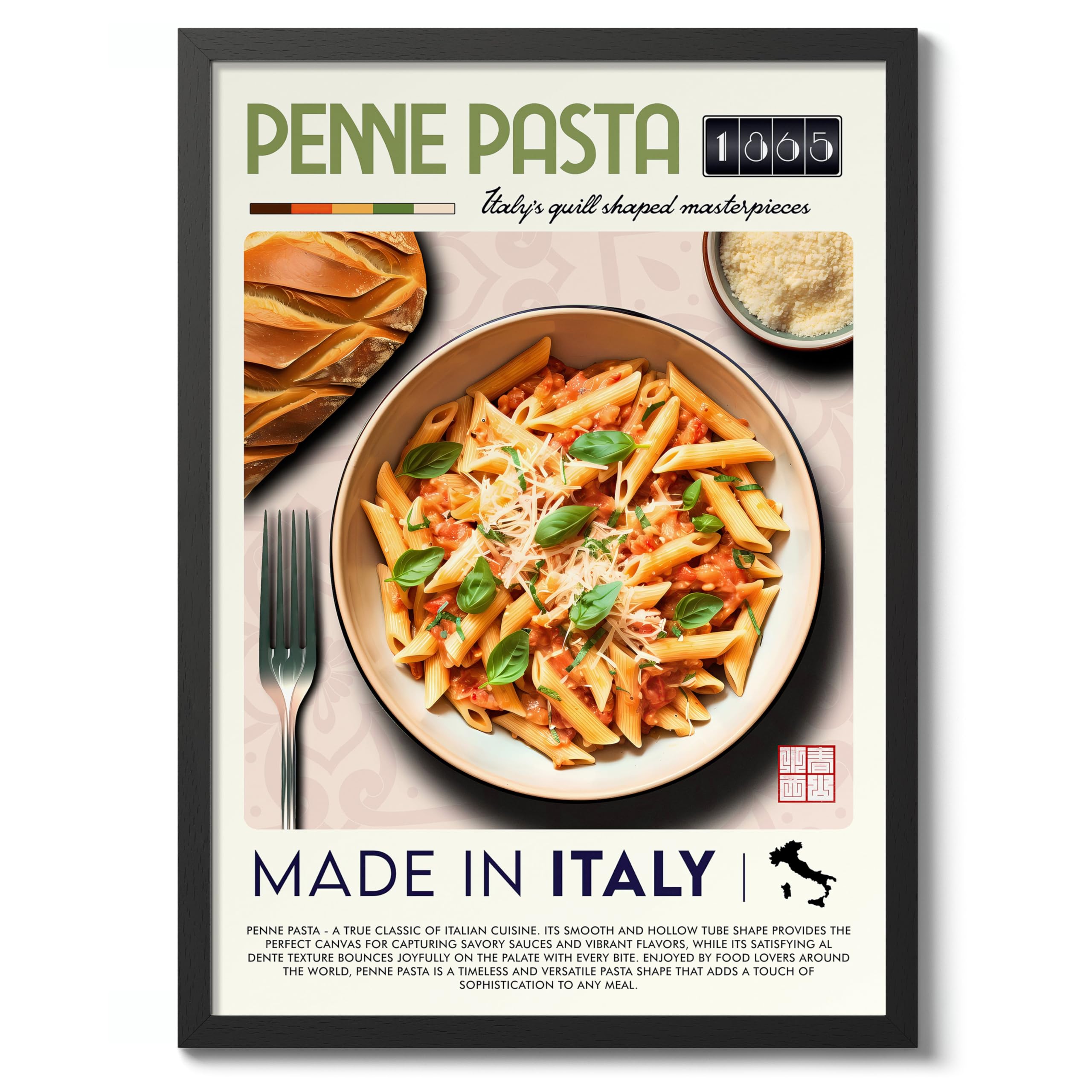 Penne Pasta Kitchen Poster, Food Wall Art Modern Print, Restaurant Decor, Chef Dining Room Interior Design, Archival Matte, A4 (Black Frame) - 29.7x21cm