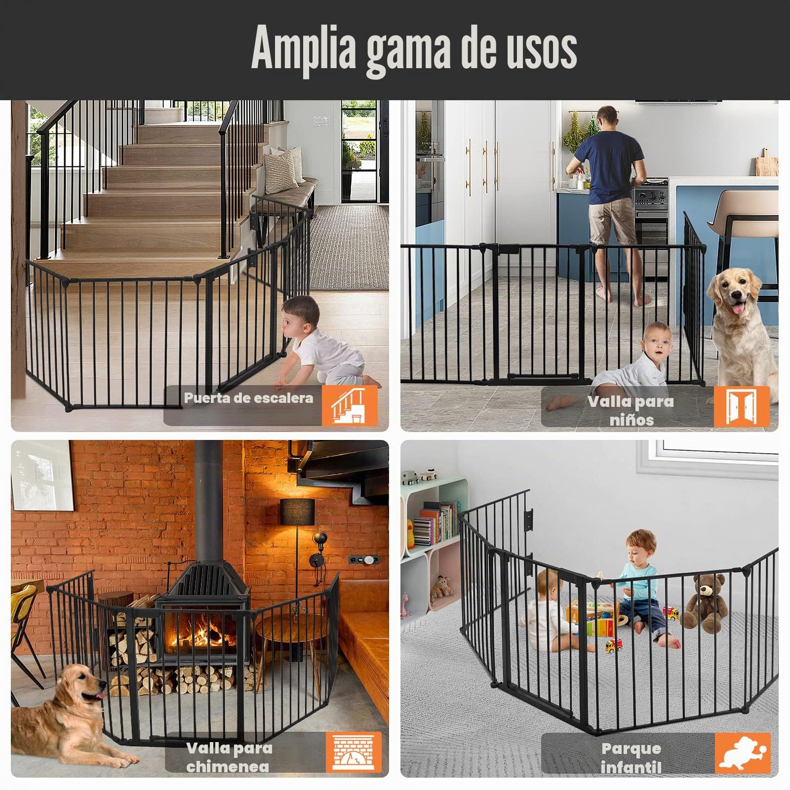 Aufun Chimenea Puerta de Seguridad Metálica con Puerta, 5 Elementos, Puerta de Seguridad Horno, Rejilla de Configuración para Seguridad Infantil, 300 x 75 x 60 cm (Negro)