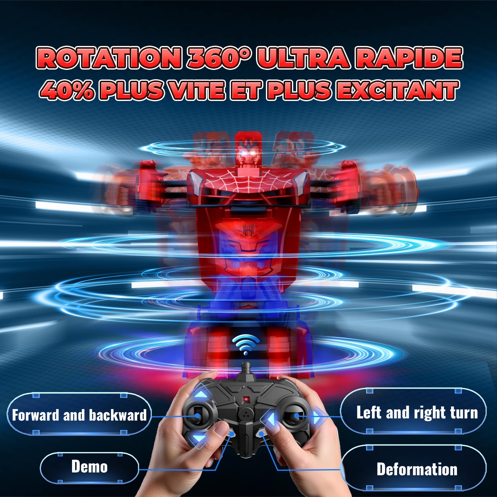 Voiture Télécommandée Transform, Yeux Clignotants & Lumières Sous Châssis, RC 2,4 GHz & Robot Rotation 360° Jouet Garçon 3 4 5 6 7 8 9 Ans Jeux Exterieur Enfant 3-12 Ans Cadeau de Pâques Anniversaire