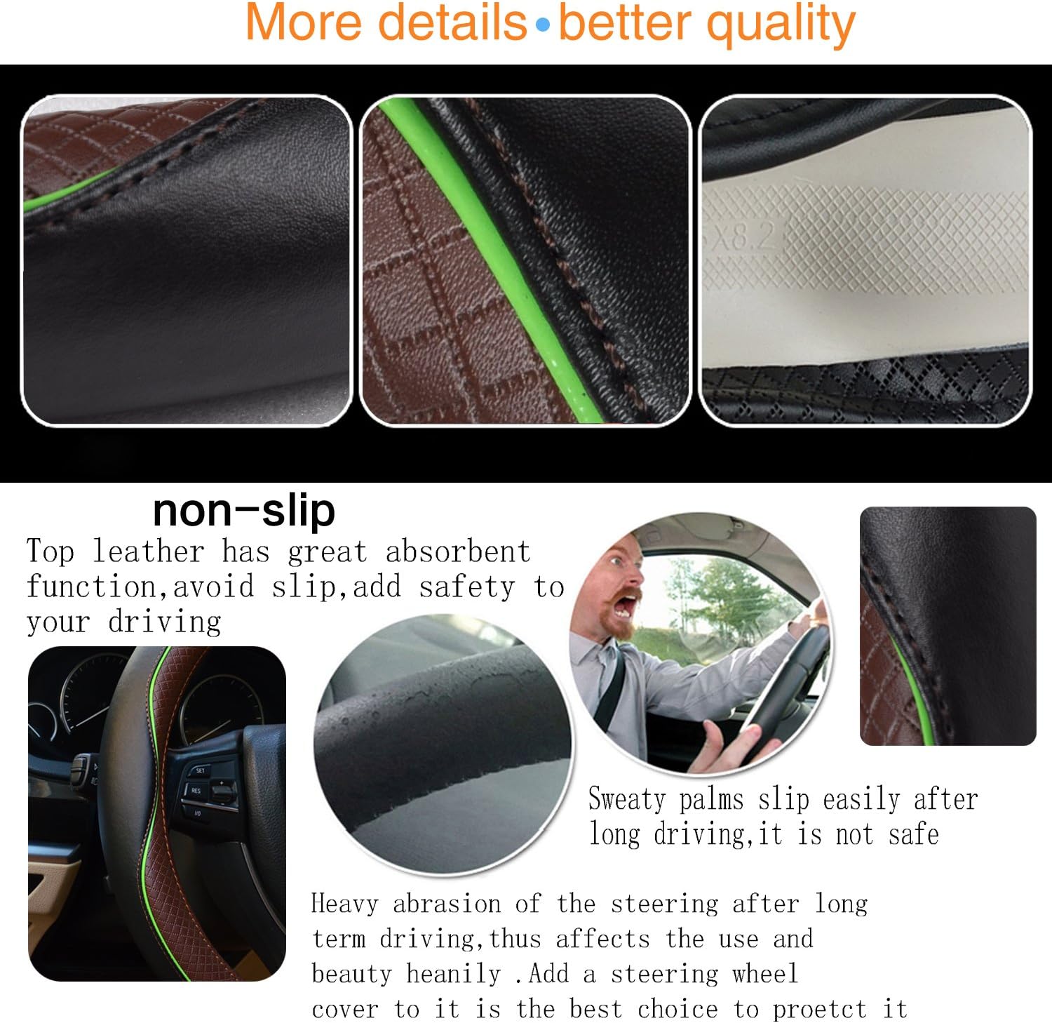 Leather Auto Car Steering Wheel Cover Universal 15 Inch - Soft Breathable Steering Wheel (Brown&Green)