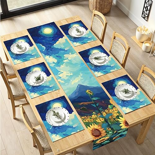 Miniatura 129 de Juego de manteles individuales y camino de mesa de muñeco de nieve y árbol de Navidad, 7 piezas (1 camino de mesa + 6 manteles individuales), diseño