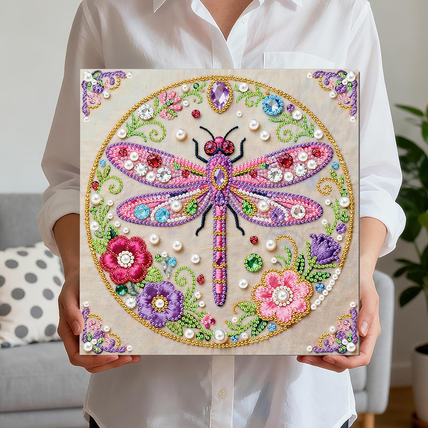 FRANDEK Flower Dragonfly DIY Pearl Art Kit, 5D Resin Diamond Art Painting Craft with Frame 25x25cm, Perfect Elegant Handmade Gift for Adult, Christmas Home Decor Present for Beginners