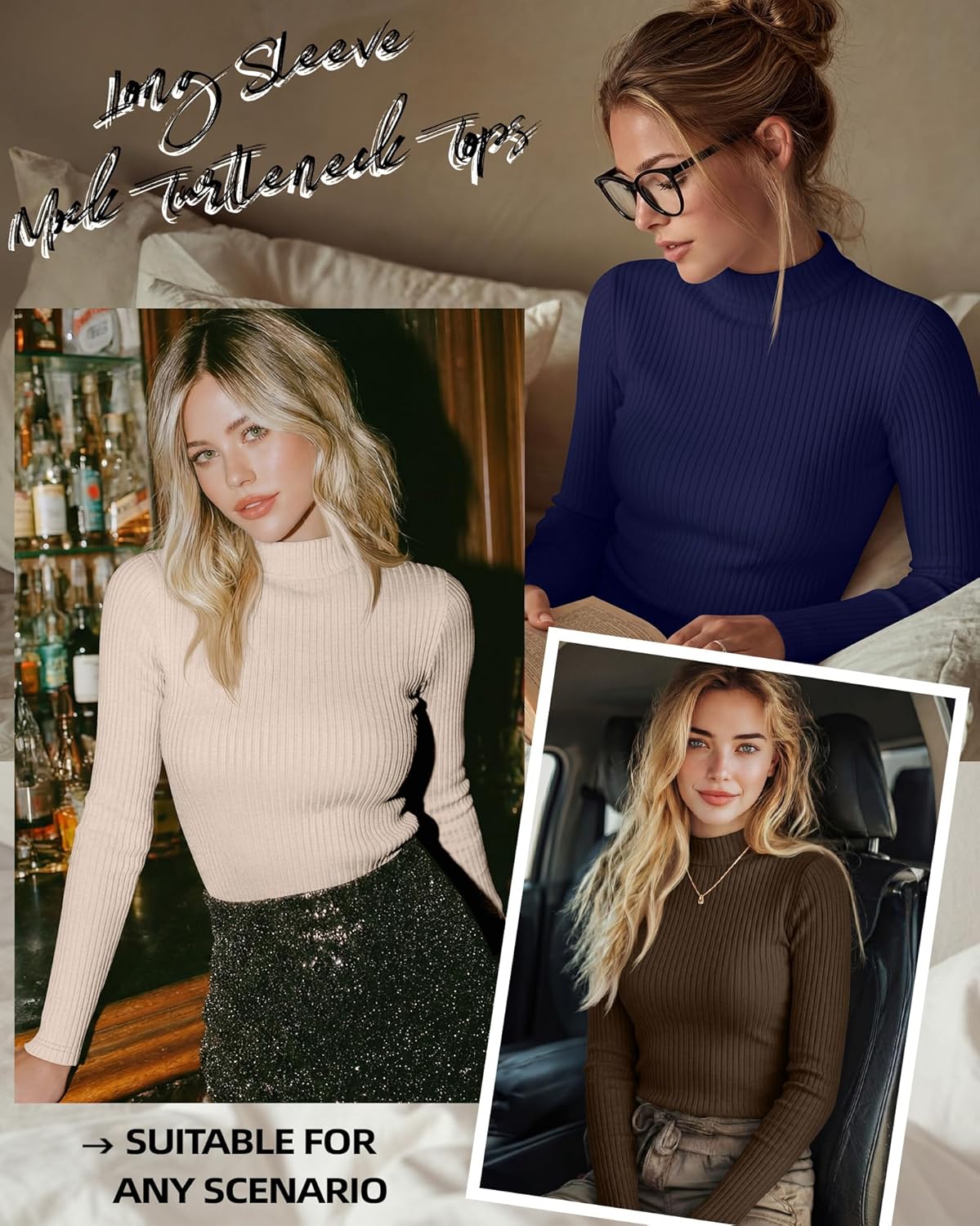 Riyiper 3 Pack Women's Ribbed Shirts, Mock Turtleneck Long Sleeve Tops Slim Fitted Undershirts Casual Basic Layering Tees - Image 4