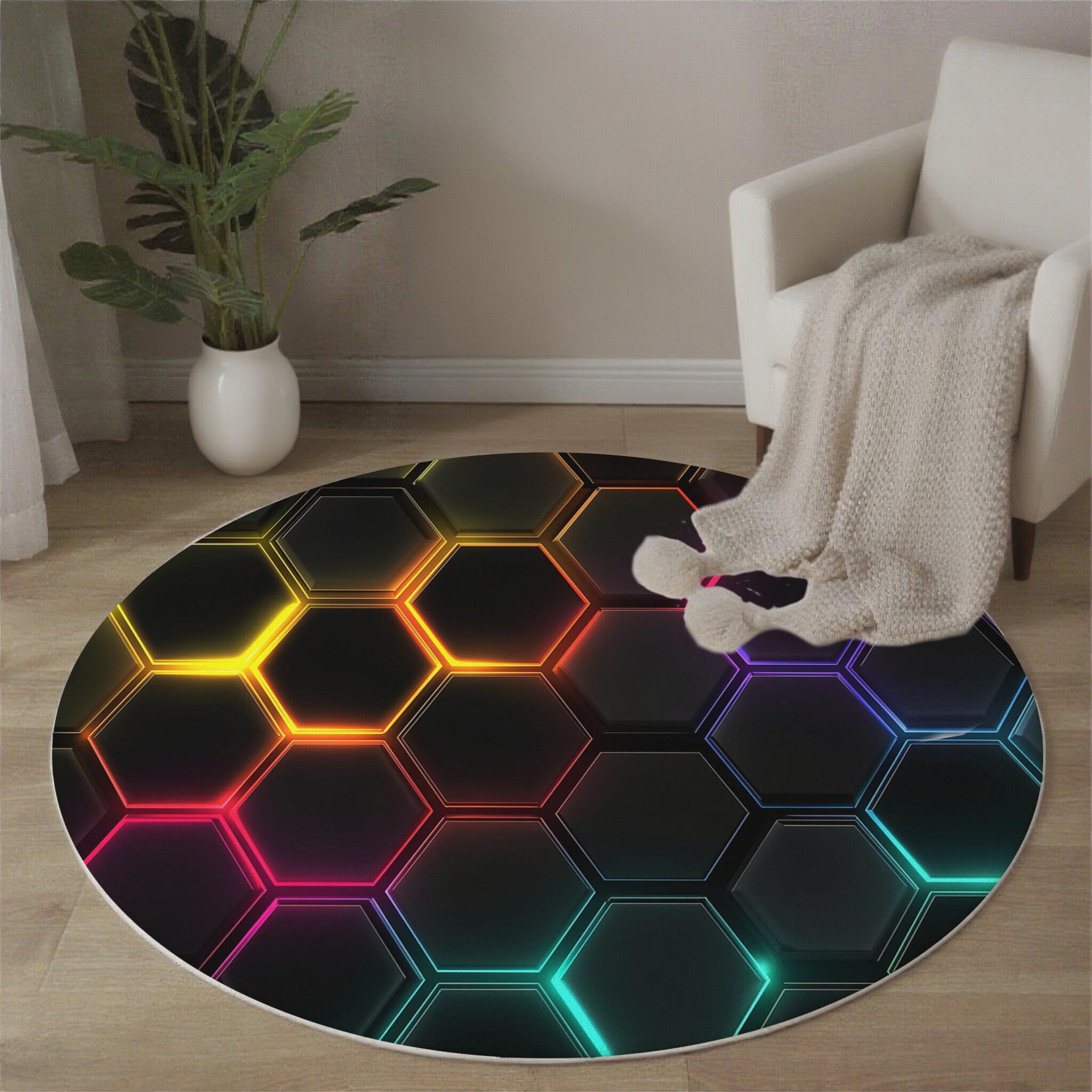 Tapis rond 120cm néon pour salon et chambre style cyberpunk