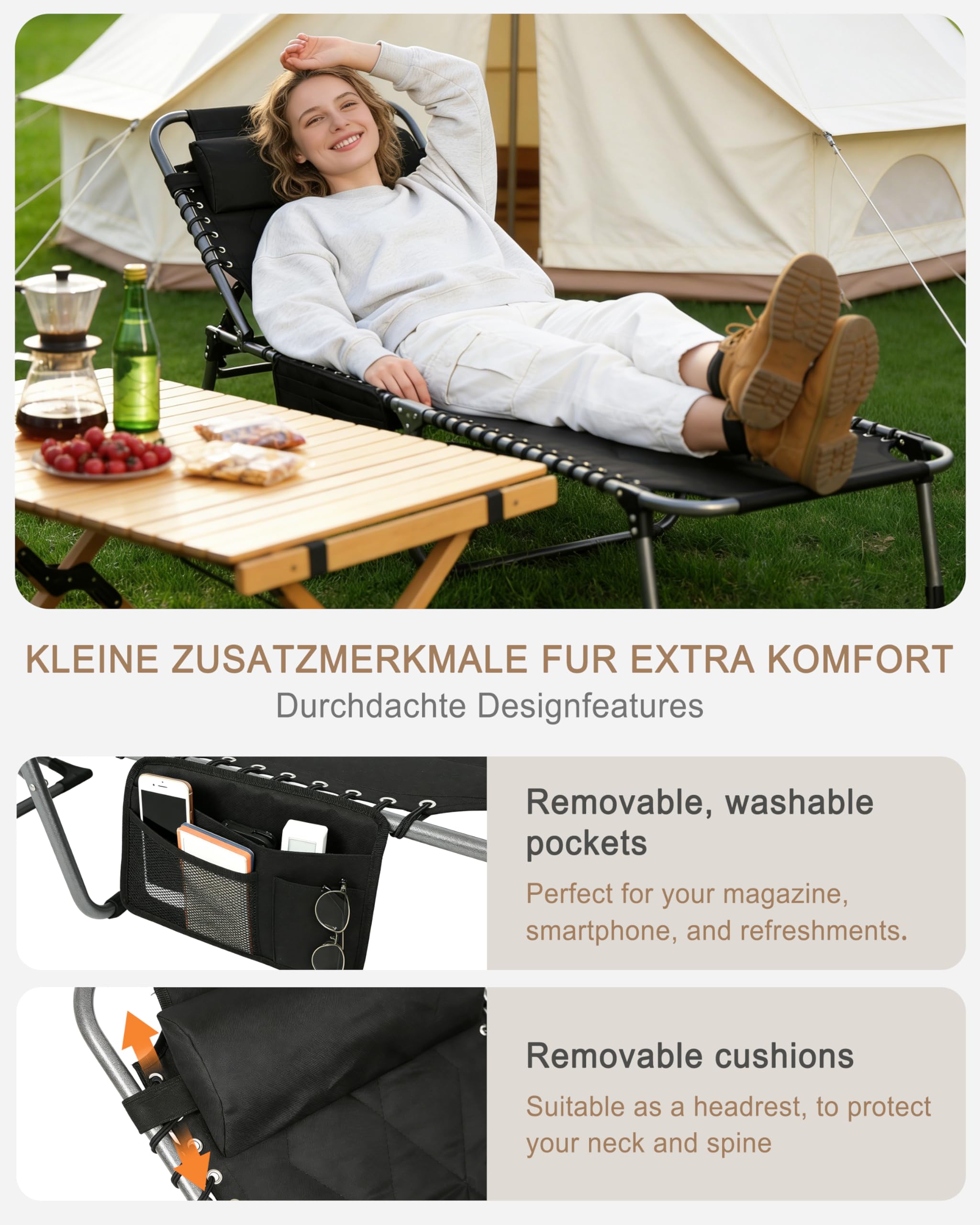 Sonnenliege Klappbar 5-Verstellbarer Rückenlehne, Gartenliege Klappbar mit Kopfkissen & Seitentasche, Liegestuhl Strandliege für Balkon Strand Campingliege Outdoor Indoor, Bis 150kg