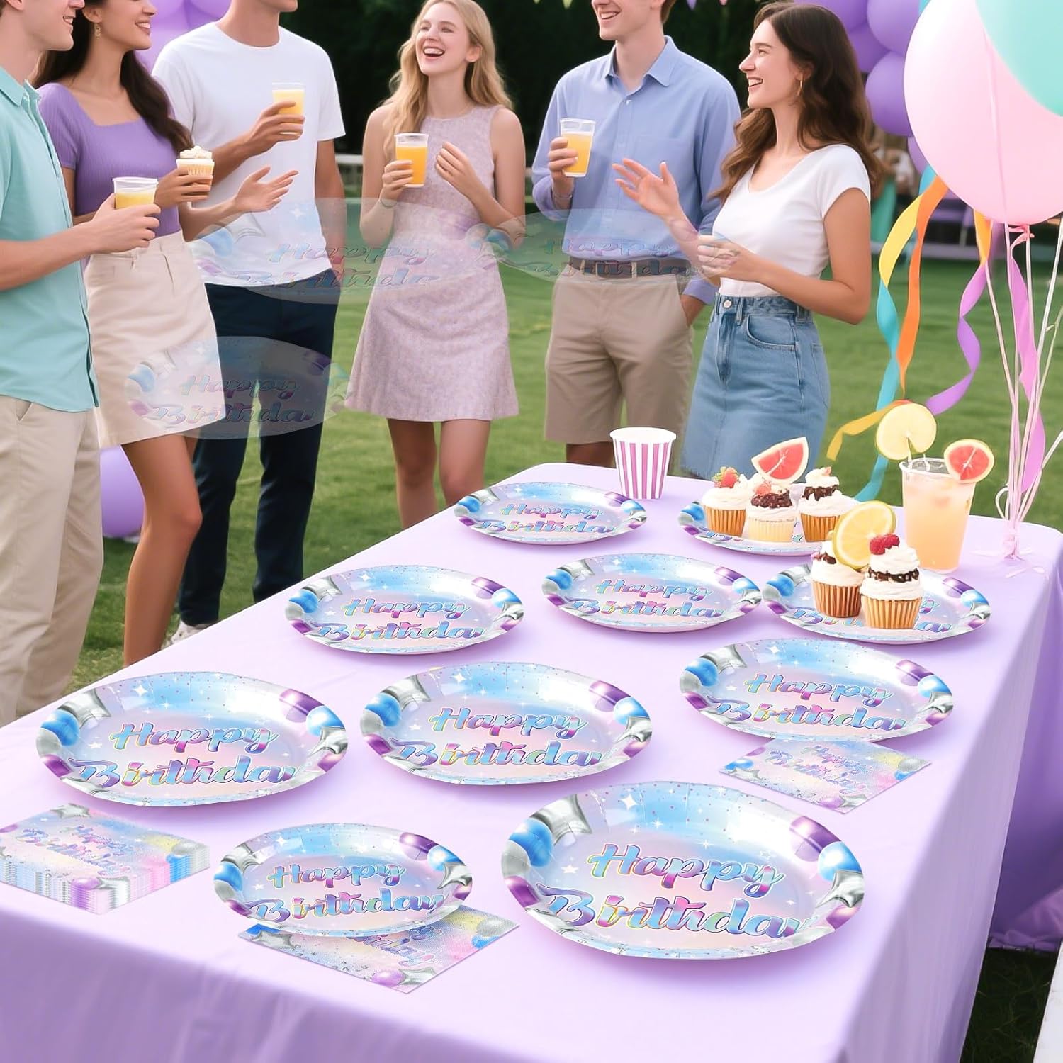 Grencian 96 Pcs Blue Purple Birthday Party Decorations Iridescent Birthday Paper Plates Disposable Blue Purple Paper Platter Tableware Set Glitter for Kids Teens Girls Happy Bir-thday Party Supplies