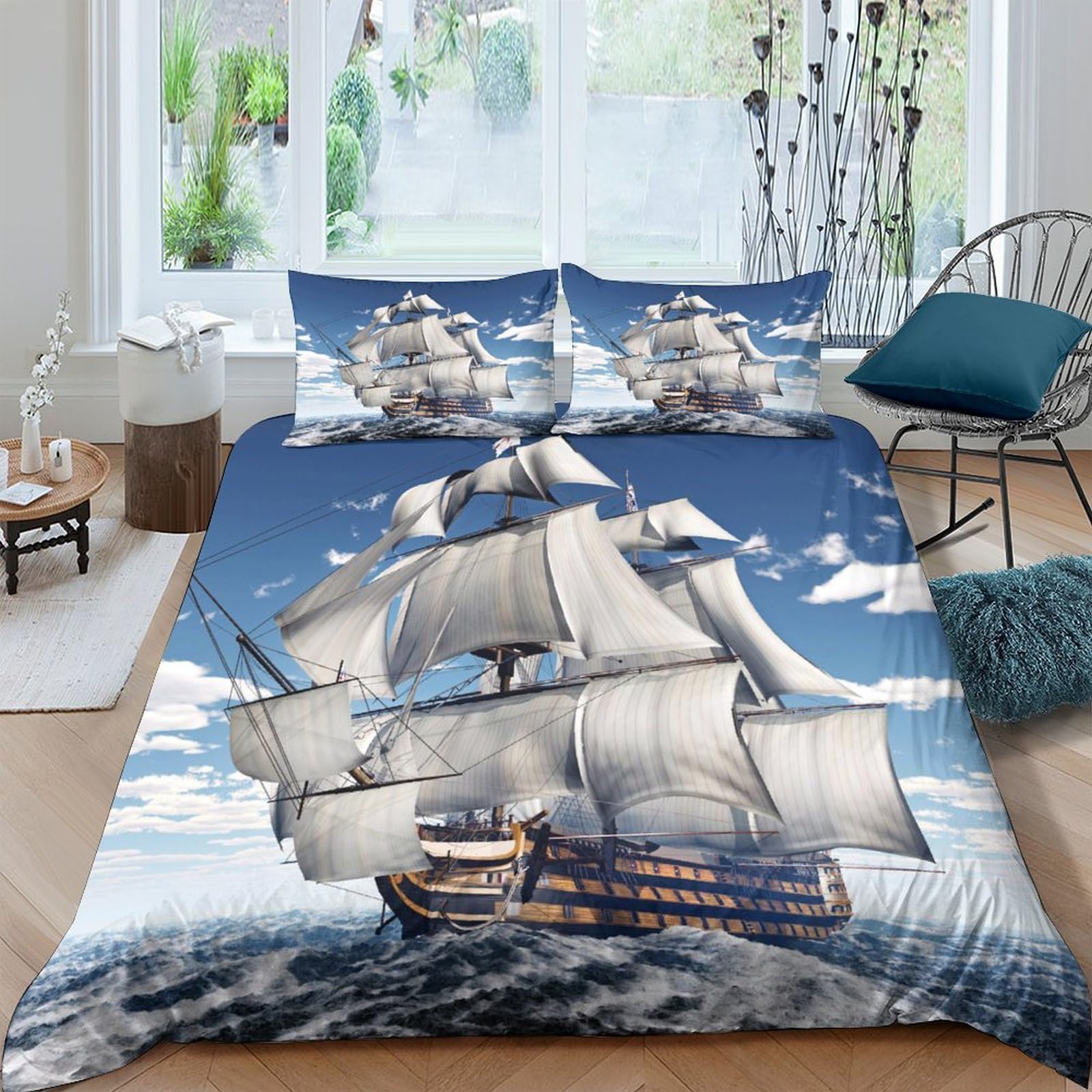 Ctjqhvkz Style-1 3D Printed Sailing Ship Fitted Sheet Microfiber Soft Blue Ocean Bed Cover Nautical Decor Bedroom Dorm Mattress Protection Single（135X200cm）