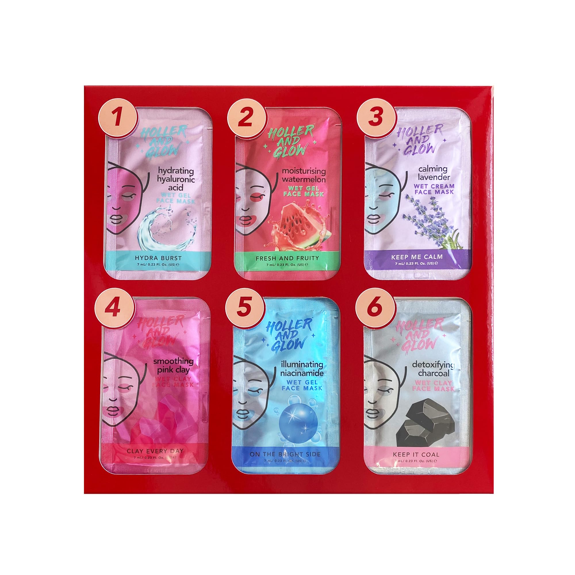 Holler And Glow 12 Days of Self Care Facial Mask Set, Valentine's, Hydrating Hyaluronic Acid, Moisturizing, Calming, Illuminating, Smoothing, Detoxifying, Brightening Vitamin C, 12 Piece Gift Set