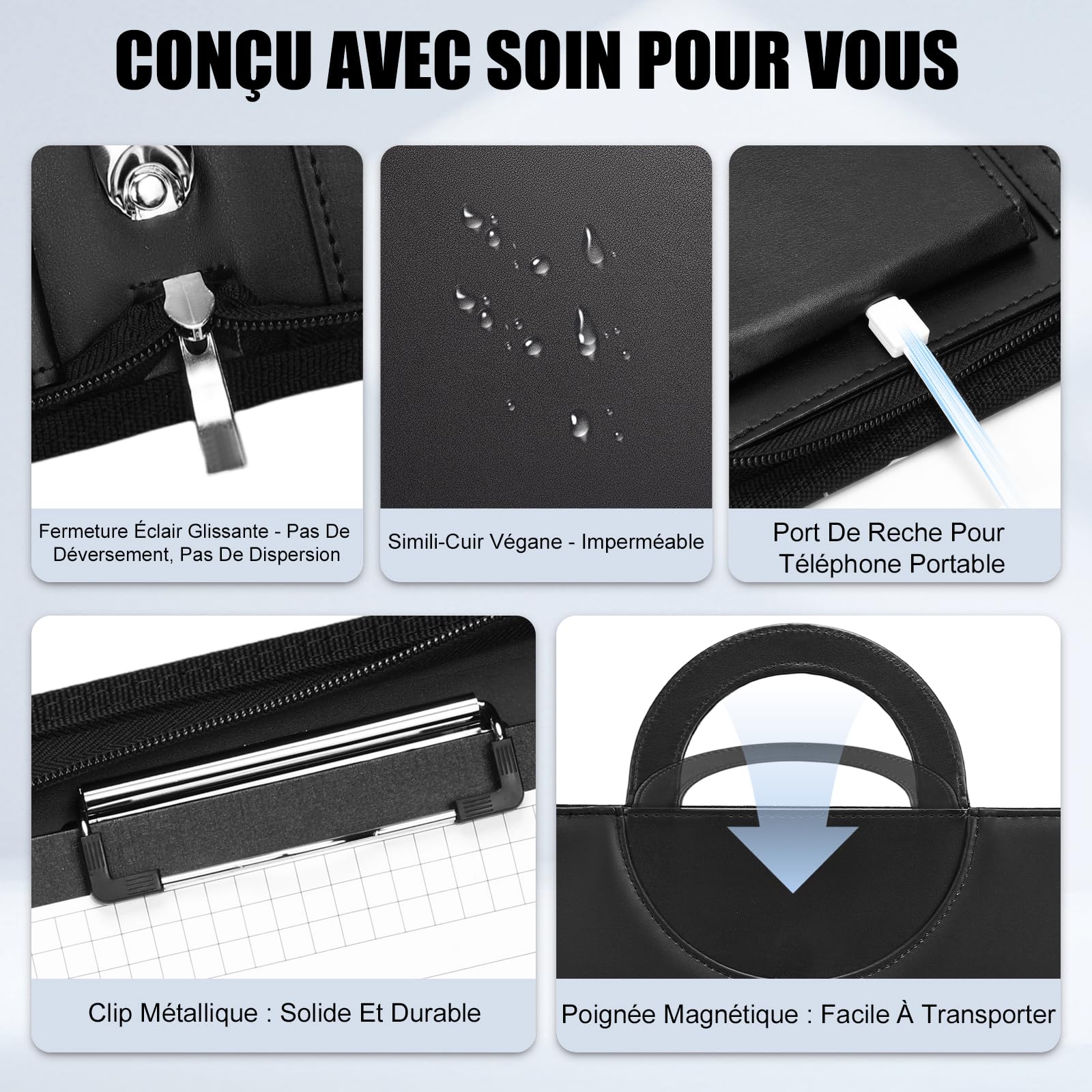 Leathario Porte Documents A4 Portfolio avec Stylo et 5 Intercalaires 10 Pochettes Padfolio Poignée Magnétique