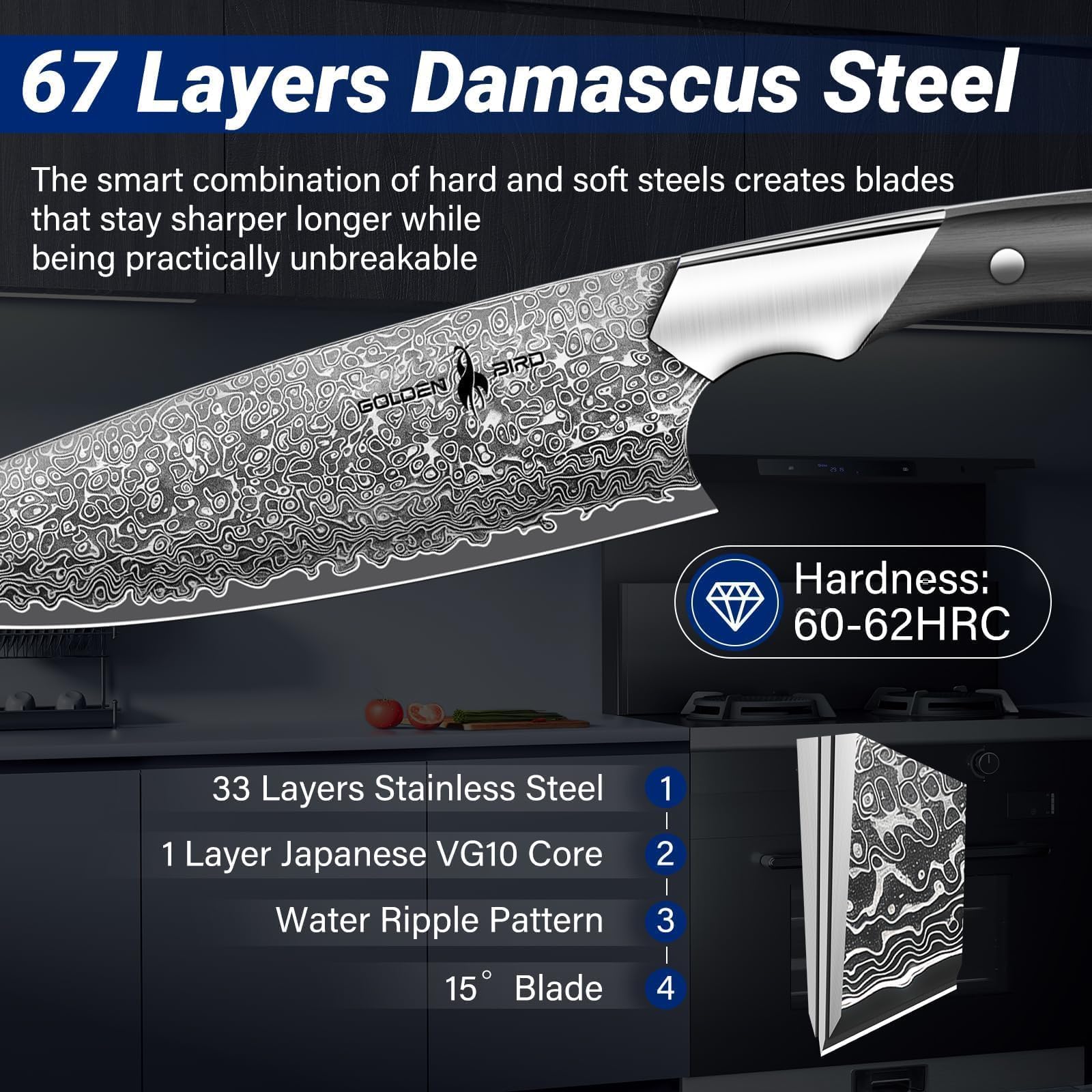 Golden Bird Damastmesser Kochmesser 20cm Professionelles Küchenmesser Hergestellt aus 67-lagigem japanischem Damaststahl, Kohlenstoff-Superstahl Fleischmesser für Küche - Schwan-Serie