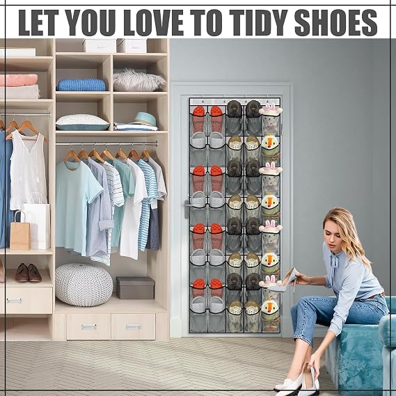 40 Large Over the Door Hanging Shoe Organizer Gray Mesh Pockets Shoe Rack for Closet Behind Door Hanger Storage Holder Nonslip for Cruise Essentials, Dorm Room Storage, Utility Room (Grey, 40 pockets)