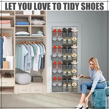 40 Large Over the Door Hanging Shoe Organizer Gray Mesh Pockets Shoe Rack for Closet Behind Door Hanger Storage Holder Nonslip for Cruise Essentials, Dorm Room Storage, Utility Room (Grey, 40 pockets)