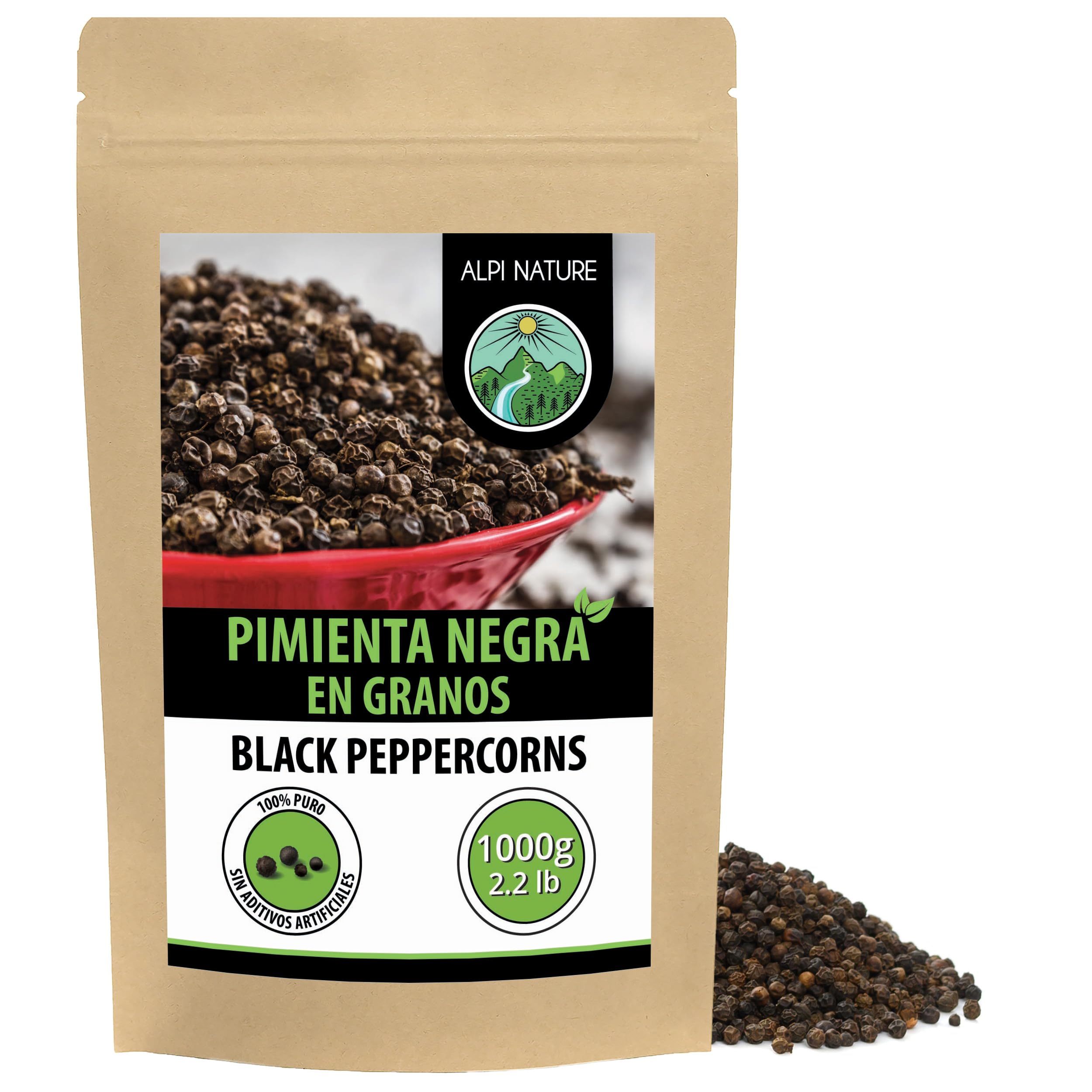 Alpi Nature Pimienta Negra en Grano 1kg, Granos de Pimienta Negra Enteros para Cocinar