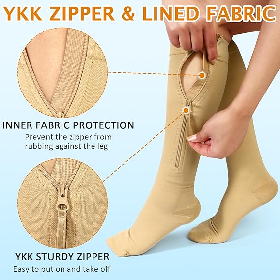 CASMON Zipper Compression Socks for Women & Men, 20-30 mmHg Closed Toe Knee High Support Sock, Medical Zip up Socks for Edema, Varicose Veins, Post-surgery, Swelling, Nurses, Pregnancy (1 Pair)
