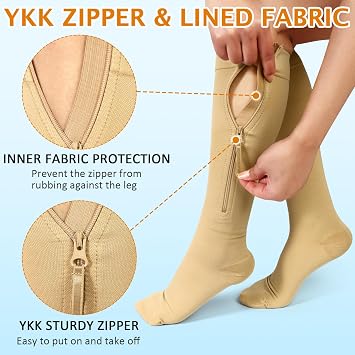 CASMON Zipper Compression Socks 20-30 mmHg Closed Toe Support Socks 1 Pair | Premium Medical Graduated Compression Men Women Biege, Relieve Fatigue, Edema, Varicose Veins, Nurses, Post-Surgery