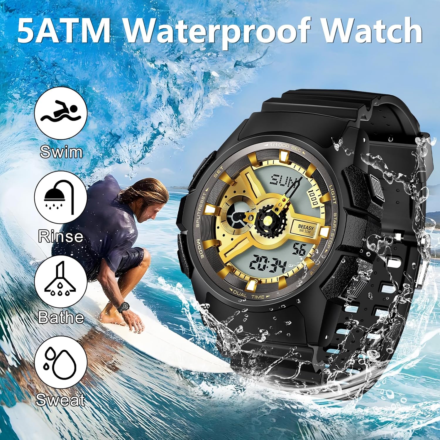 Beeasy AW05 Digital Sports Watch being splashed with water, illustrating its 5ATM water resistance for swimming, rinsing, bathing, and sweating.