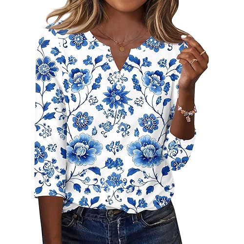 3/4 Length Sleeve Womens Tops Button V Neck Tunic Business Work Outfits Print T Shirts Casual Tops Soft Basic Tees