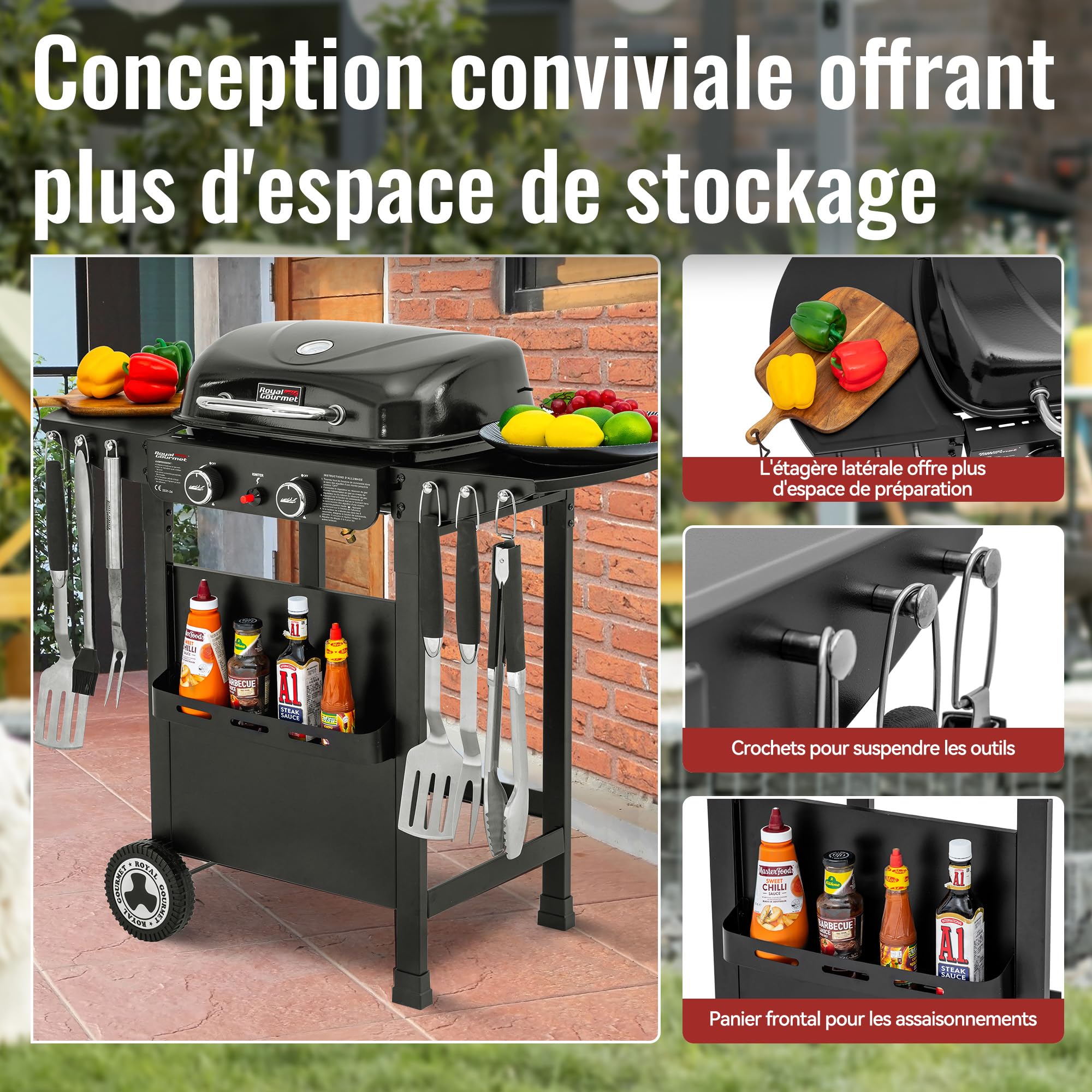 Royal Gourmet 2 Brûleurs Barbecue Gaz sur Chariot, 2 en 1 Plaque et Grille Combinés avec Tables Latérales Pliables et Couvercle, Puissance 5kW, Adapté pour Jardin et Camping, Noir