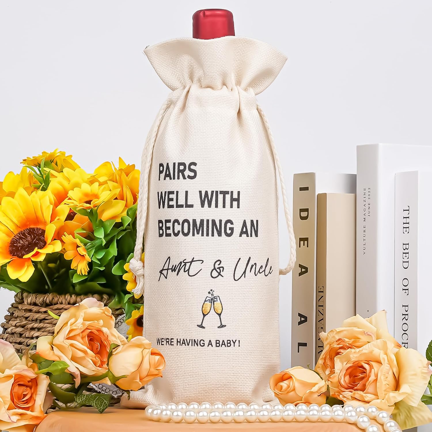 Becoming Aunt & Uncle Wine Bag, Funny New Mom Dad Pregnancy Announcement Gift, Reusable Burlap Drawstring Wine Bag, "Pairs Well With Becoming Aunt & Uncle," for New Baby Announcement, Baby Shower - Image 7