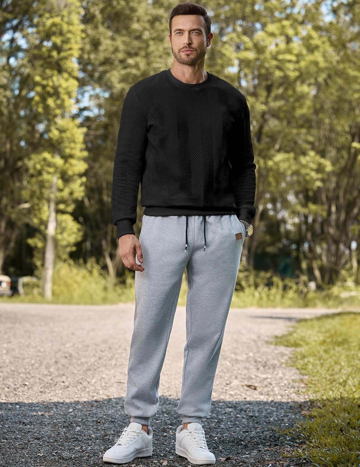 JMIERR Mens Crewneck Sweatshirt Casual Long Sleeve Texture Pullover Shirt for Men - Image 7