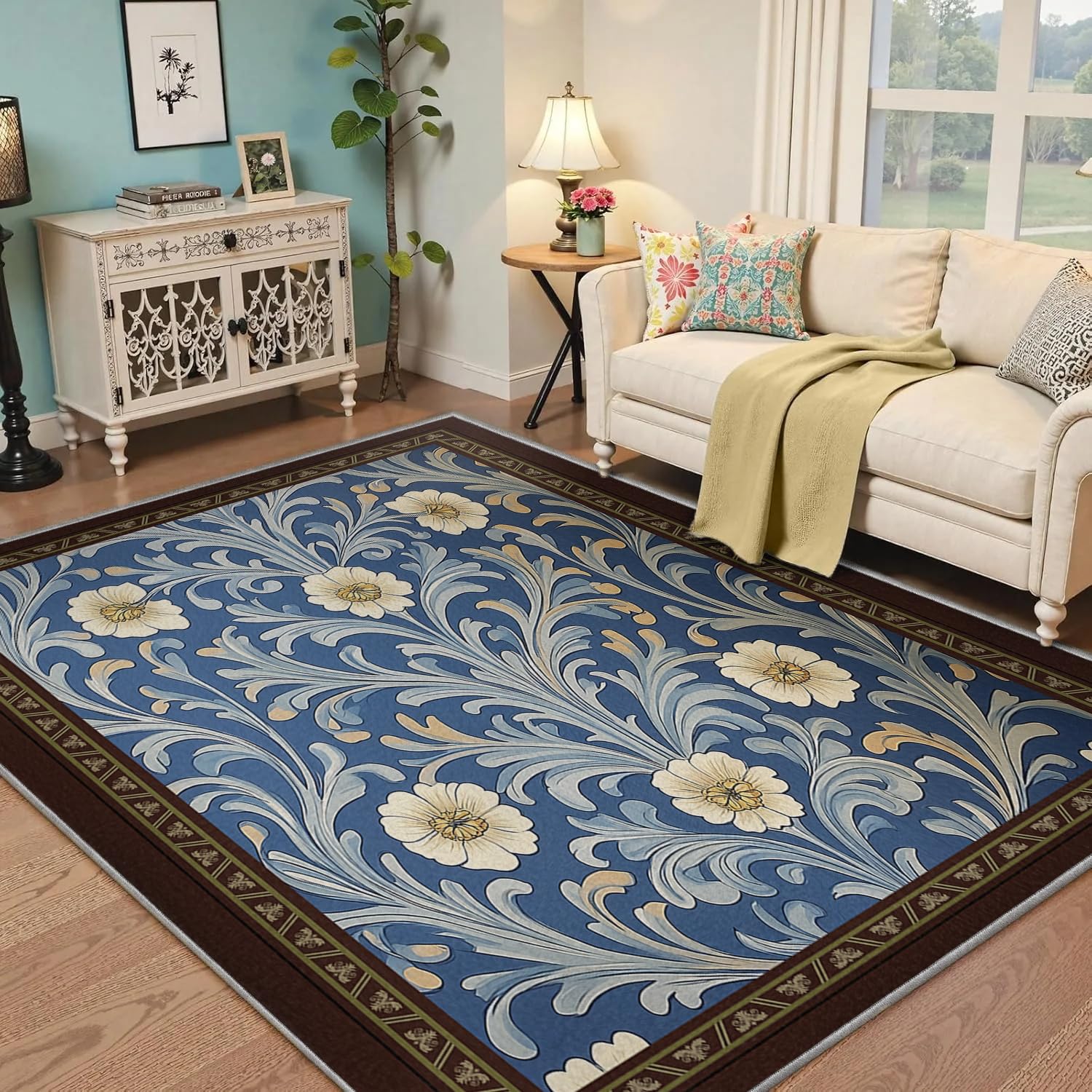 Tapis d'entrée marron 80x150cm à motif fleurs crème lavable pour salon