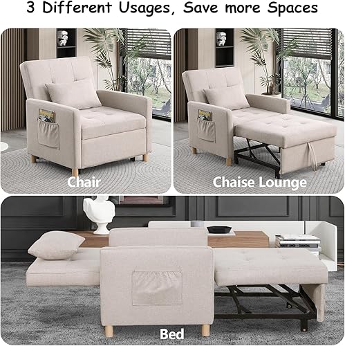 Miniatura 4 de Silla de cama convertible, sofá cama extraíble con respaldo ajustable, tela de lino, silla convertible con bolsillo lateral para sala de estar,