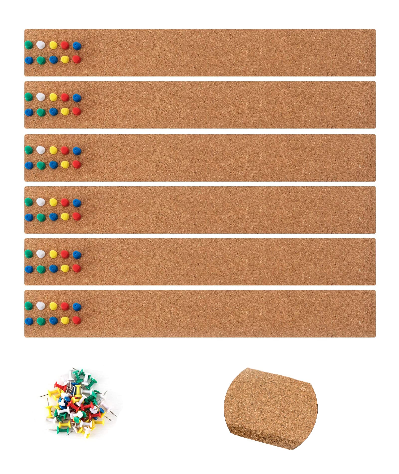 Sweet seven Cork Board Bulletin Bar Strip 15x2 Inch - 1/2 Inch Thick, Pack of 6 - Frameless Natural Cork Board with 50 Multi-Color Push Pins and Strong Self-Adhesive Backing