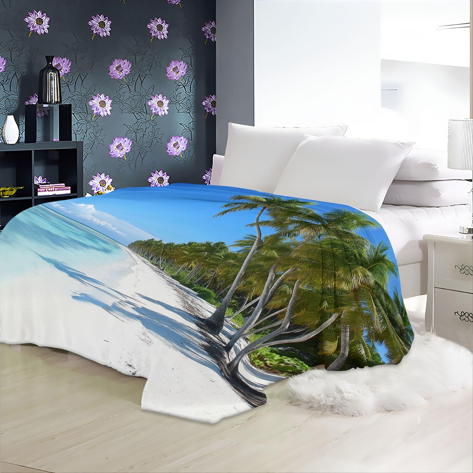 Koc flanelowy, koc do przytulania, niebieski, zielony, na kanapę, lekki, miękki, przytulny koc dekoracyjny do salonu, 3D, naturalny tropikalna plaża, ciepły koc do mieszkania, 200 x 220 cm