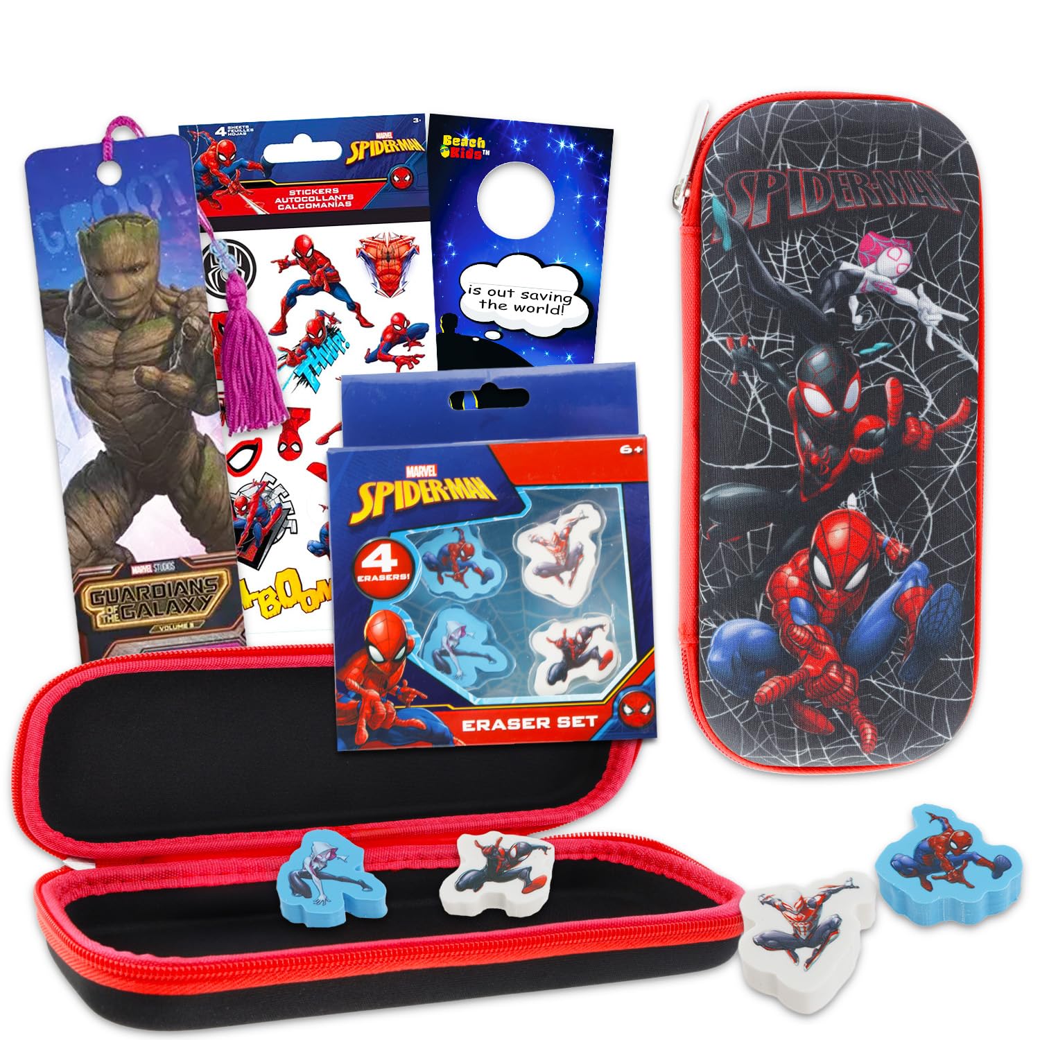 Spiderman Pencil Case & Stationery Bundle - Kids School Supplies with Pencil Case, Erasers, Stickers & More
