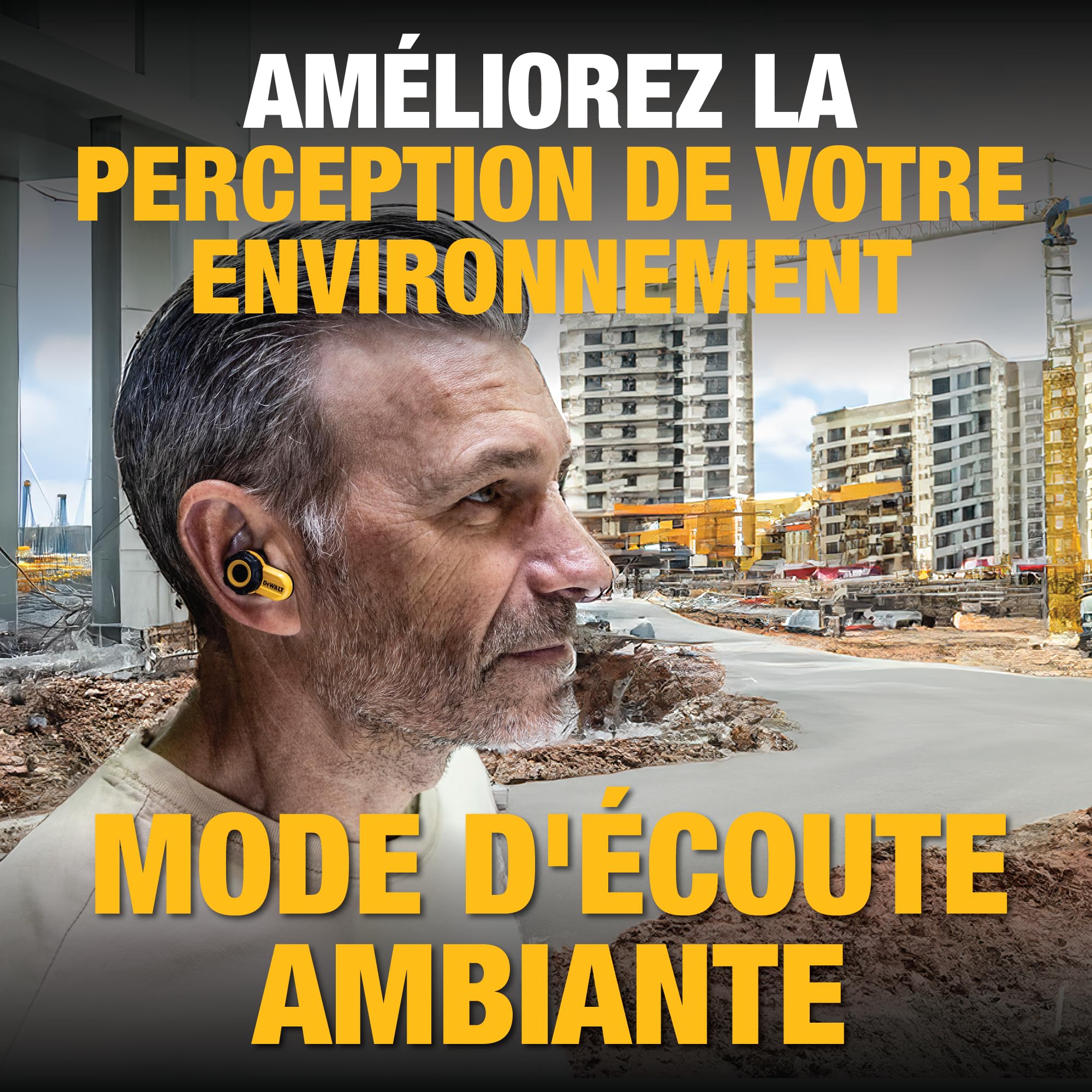DEWALT Écouteurs sans Fil Bluetooth Robustes Jobsite Pro X2 ANC, réduction Active du Bruit, Commandes rotatives, autonomie de 10 h (Plus de 40 h avec étui), 4 Modes d'égalisation, IP54