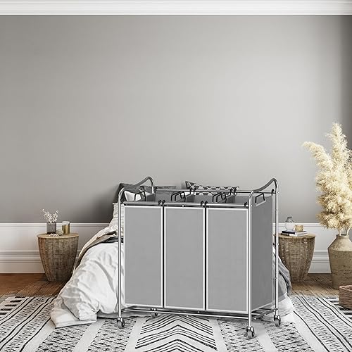 Miniatura 4 de Simple Houseware - Carro rodante clasificador de ropa sucia de 3 bolsas