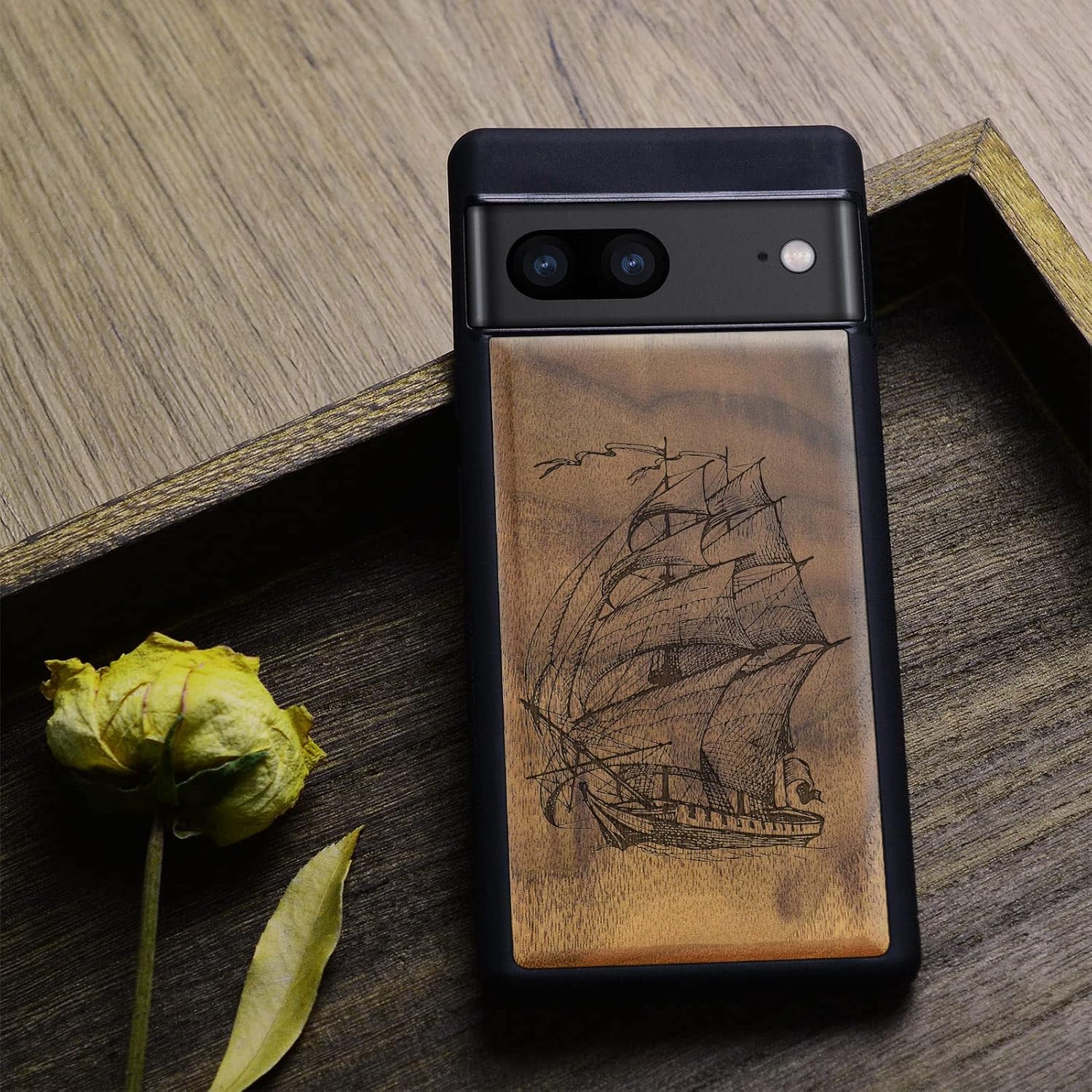Carveit Wood Case for Pixel 7 Case [Natural Wood & Black Soft TPU] Shockproof Protective Unique & Classy Wooden Cover Compatible with Google Pixel 7 (Pirate Ship-Walnut)