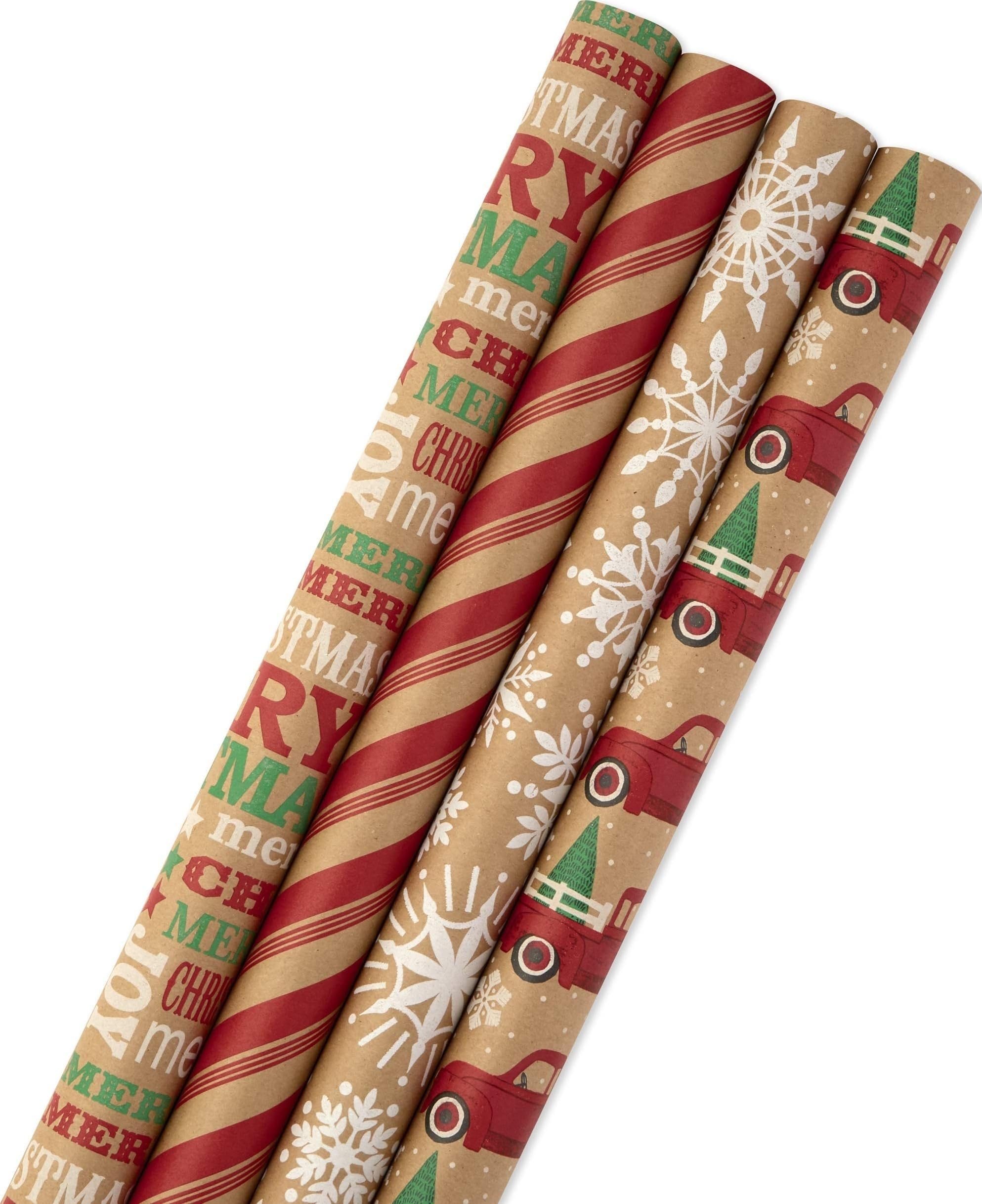 Hallmark Christmas Wrapping Paper Bundle with Cut Lines on Reverse, Kraft (Pack of 4, 88 sq. ft. ttl) Red Trucks, Snowflakes, Stripes, Merry Christmas (5JXW1038)
