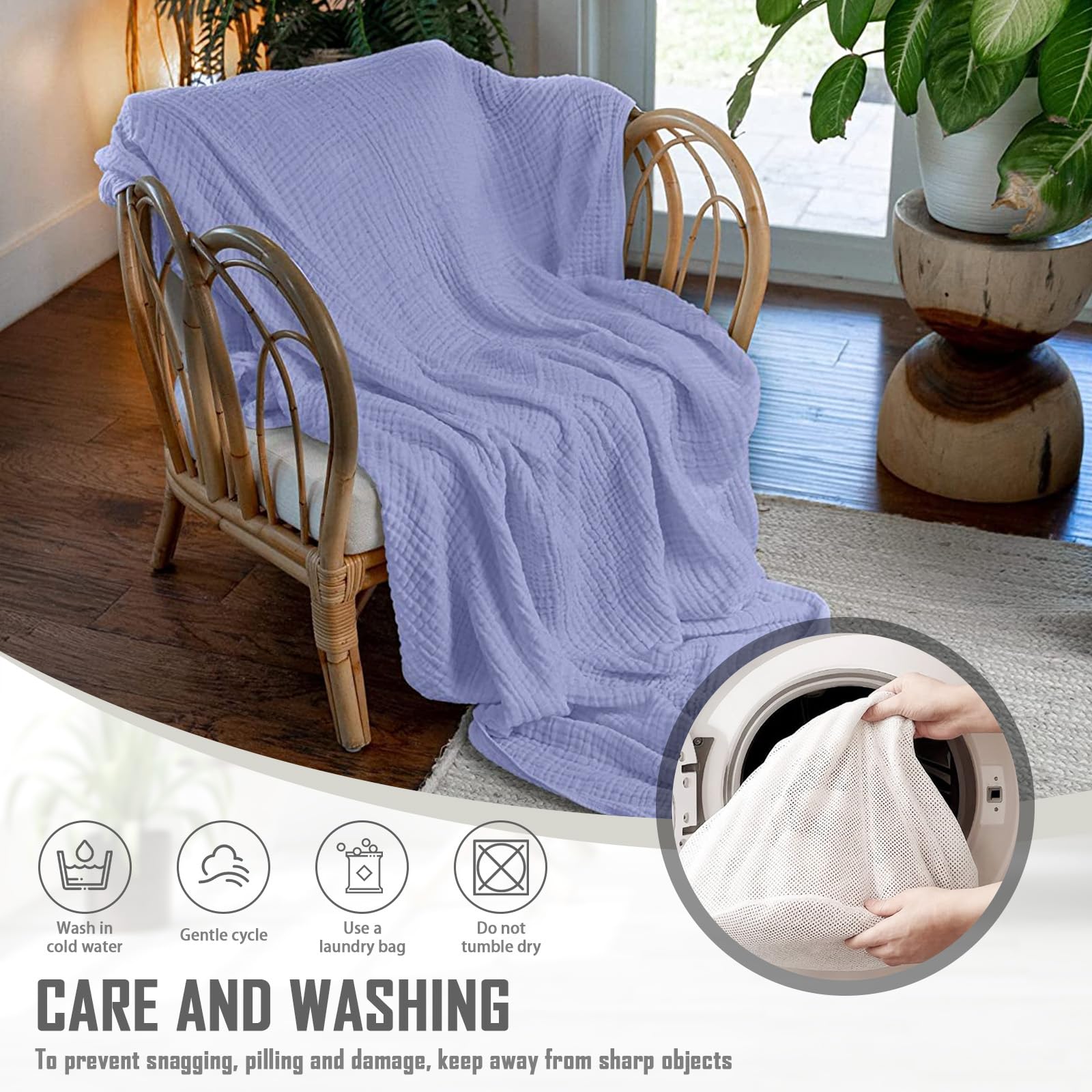 Manta de Muselina de 150 x 200 cm,100% Algodón,Manta Suave de Verano de 6 Capas,Plaid Sofa,Colcha de Muselina,Edredón para Cama y Sofá,Plaid Cama para Todo el Año(Lavanda Violeta)