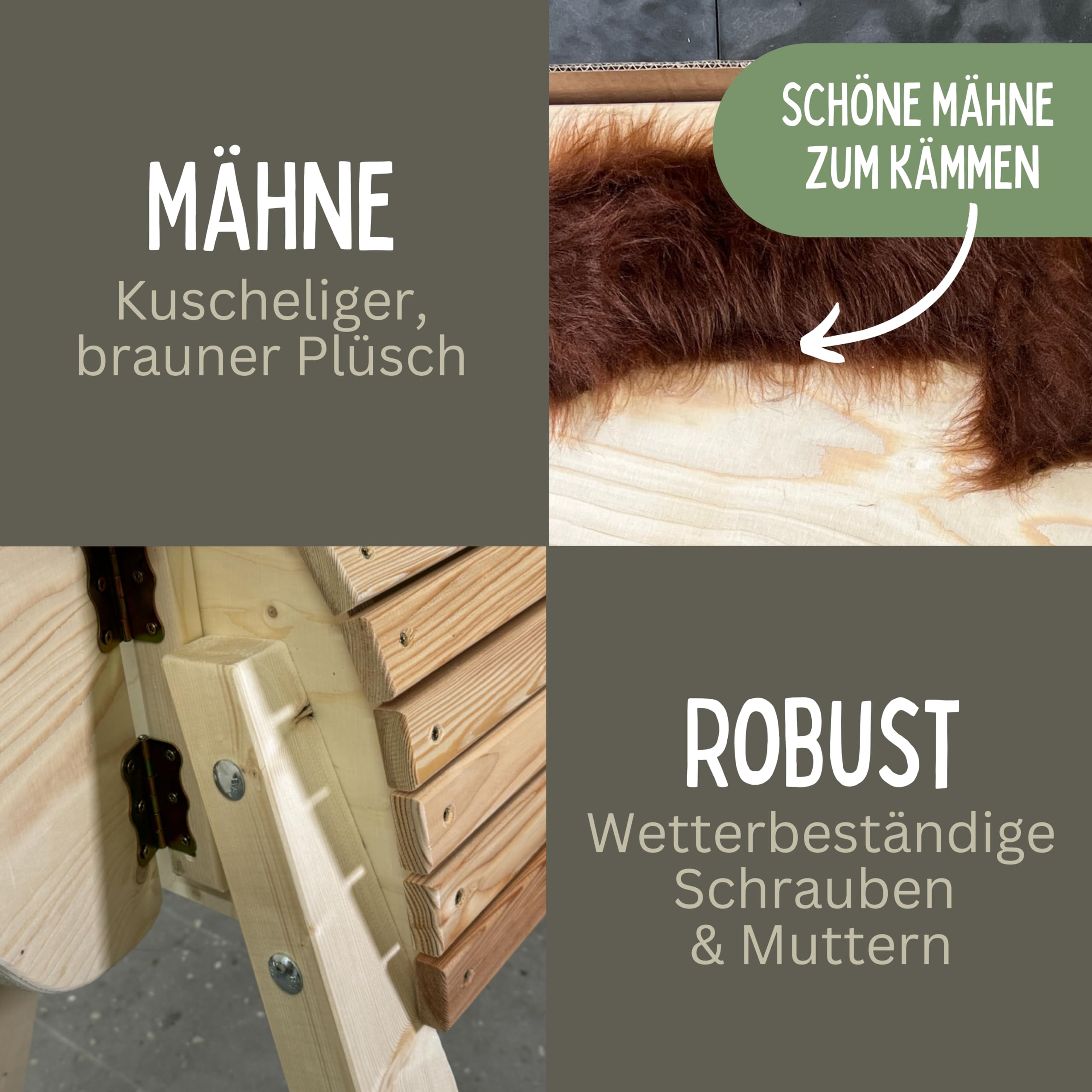 Bausatz 100cm für draußen Reitpferd Garten Voltigierbock für Kinder, Stehpferd groß, Gartenpferd handgefertigt aus Deutschland, Voltigierpferd Holzpony mit Mähne
