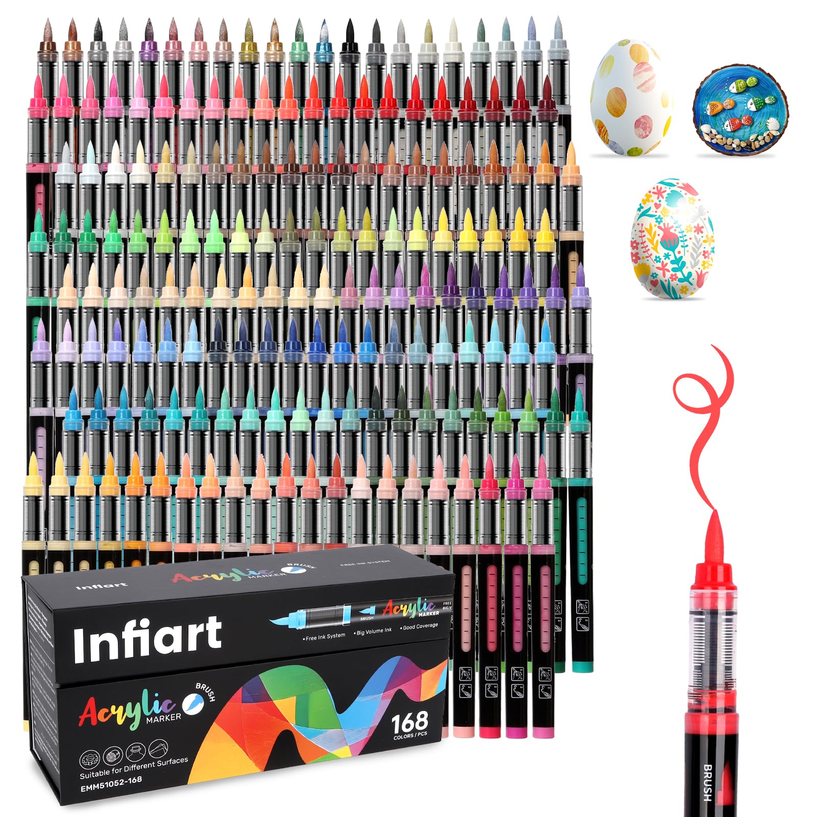 Infiart 168 Colors Acrylic Paint Markers Brush Tip, Automatic Ink Control Acrylic Paint Pens Waterproof Acrylic Markers Set for Holiday Decorations, Stone, Wood, Glass, DIY & Art Supplies