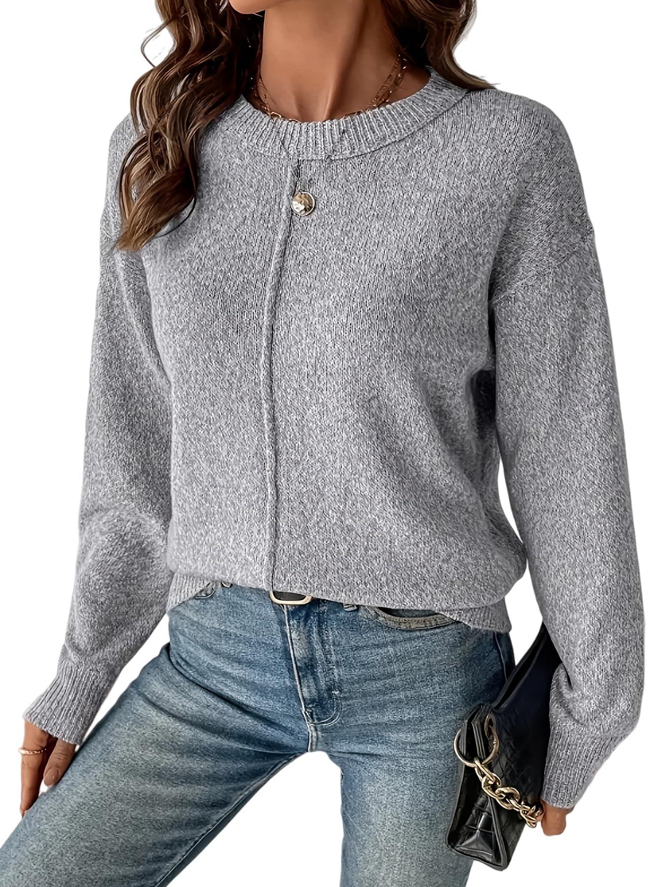 Loose and Fashionable Round-Neck Solid-Color Knitted Sweater