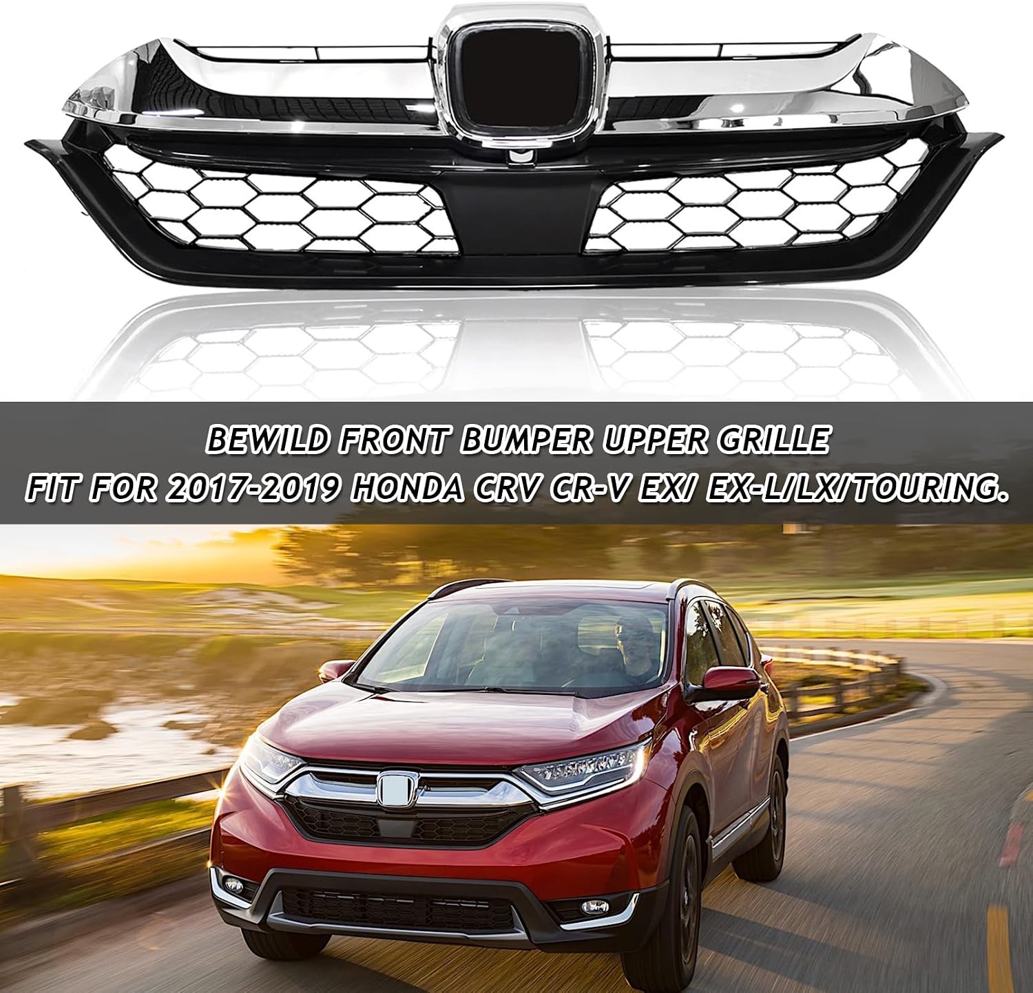 Bewild Front Bumper Upper Grille Fit For 2017 2018 2019 Honda CRV CR-V Honeycomb Chrome Mesh Grill Assembly Replacement for HO1210147C, HO1216114