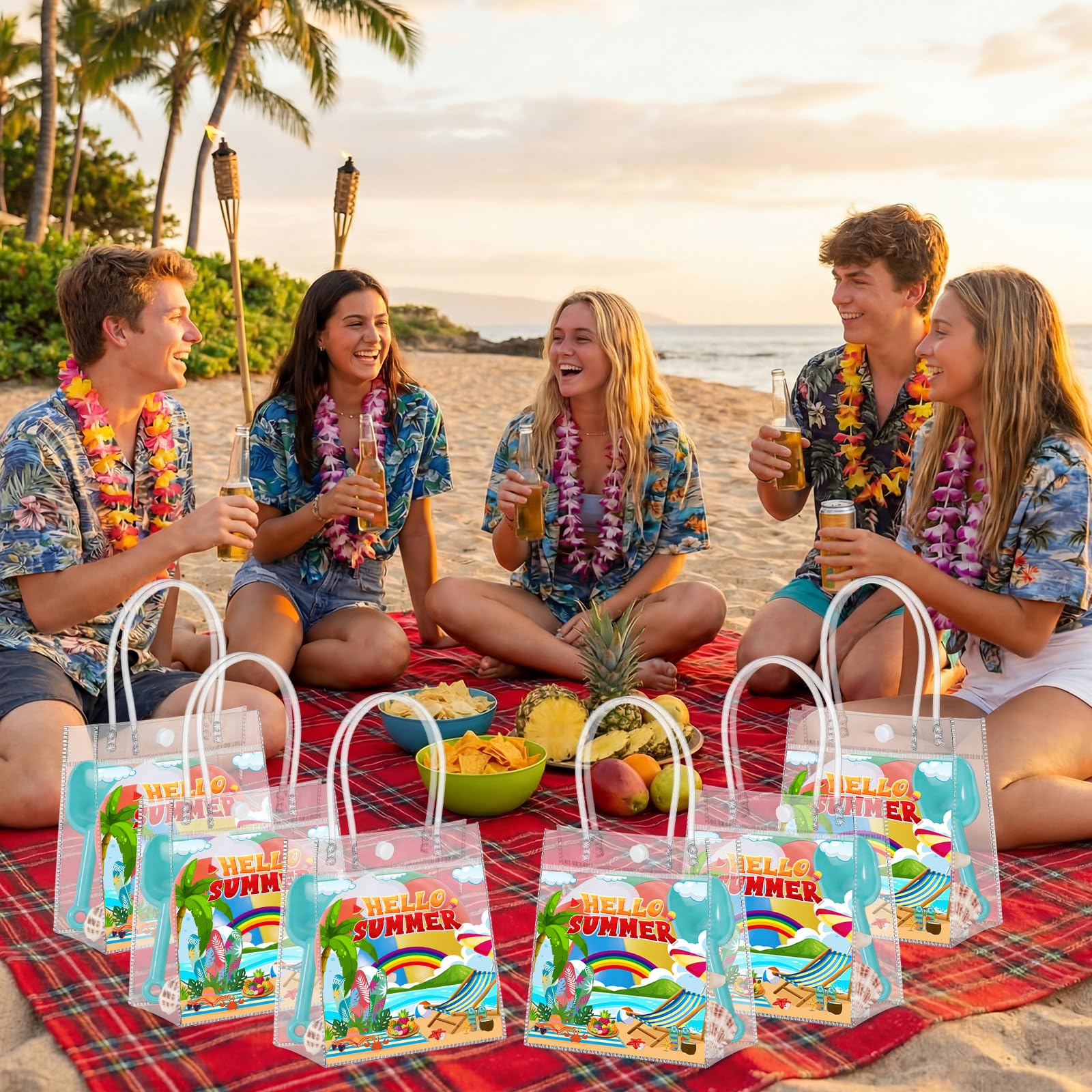 Aliceset 24 Pcs Hello Summer Clear Gift Bags Bulk with Handle, PVC Summer Party Favor Bag Reusable Transparent Goodie Bags for Beach , Pool Parties, Picnics & Outdoor Events, 6.31"x 5.91"x 3.15"
